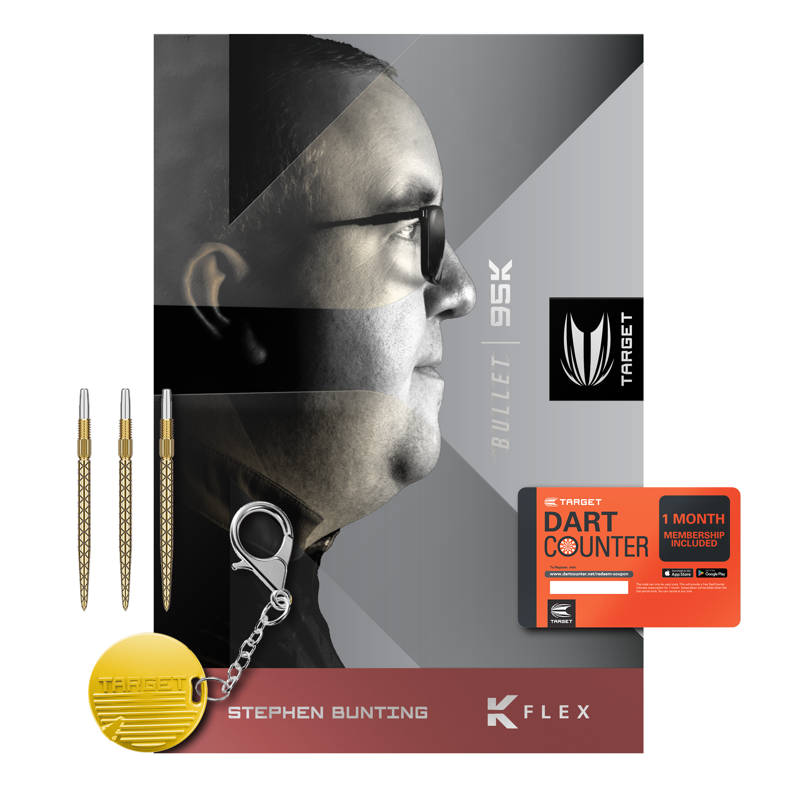 Target Stephen Bunting 95K Swiss Point Steeldarts Das Bild zeigt das Produkt "Target Stephen Bunting 95K Swiss Point Steeldarts" mit drei Dartpfeilen, einem Schlüsselanhänger und einer Dart Counter-Mitgliedskarte. Auf der Verpackung ist ein Porträtfoto von Stephen Bunting abgebildet.