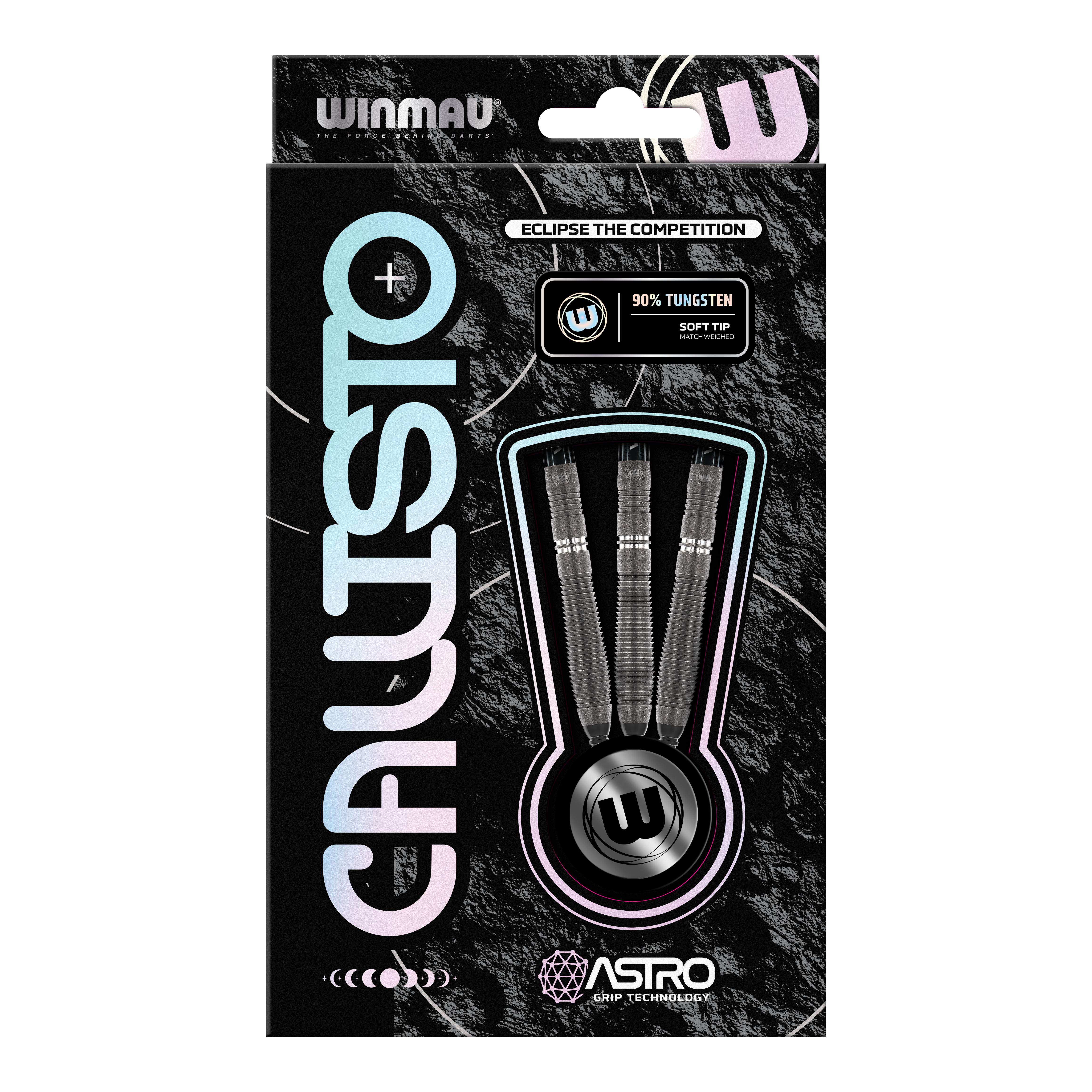 Winmau Callisto 02 Softdarts - 20g Die Abbildung zeigt die Verpackung der "Winmau Callisto 02 Softdarts - 20g". In der Packung sind drei Softdarts mit 90 % Tungsten und Astro Grip Technologie zu sehen.