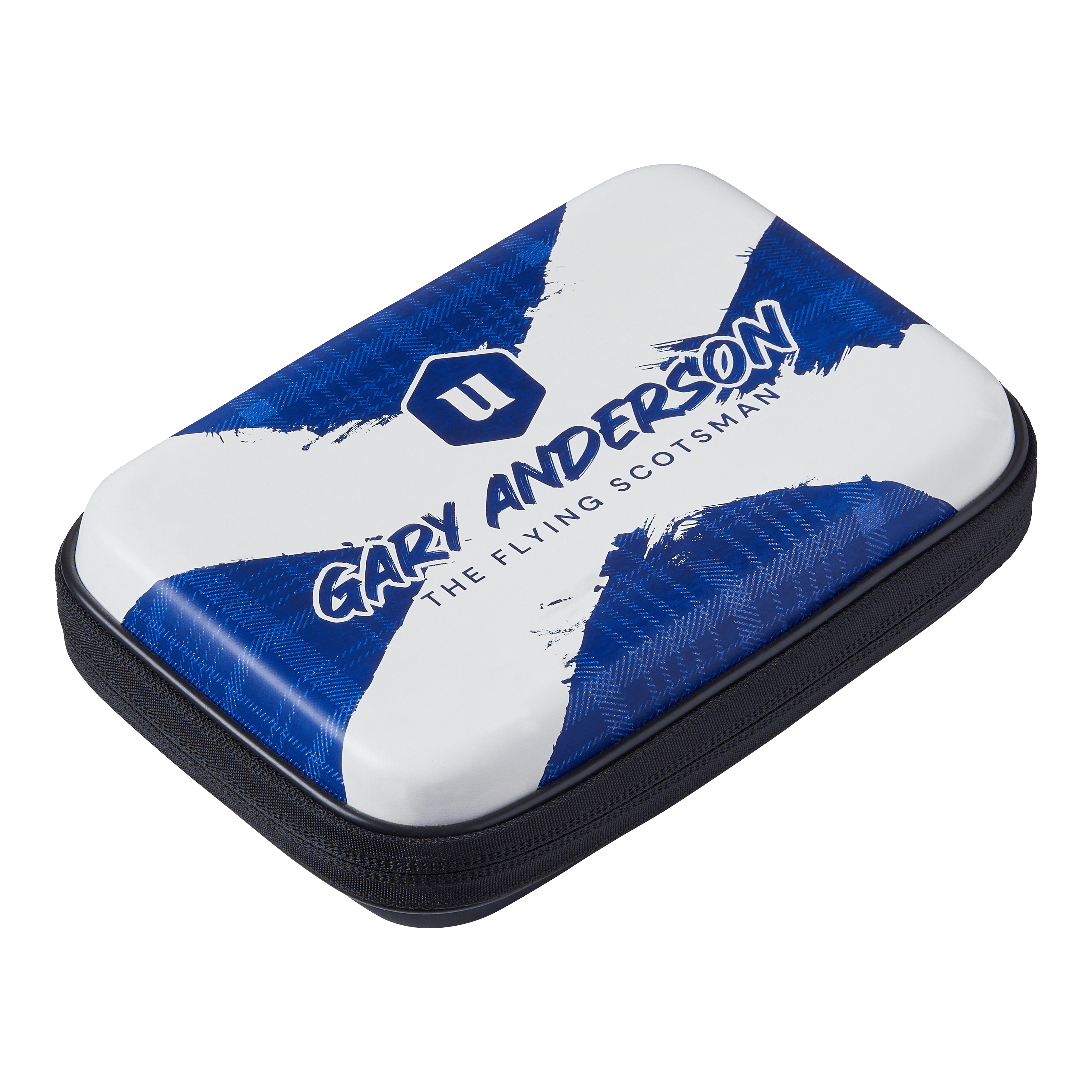Unicorn Ultra portfel Gary Anderson Dart Das Bild zeigt das Produkt "Unicorn Ultra Gary Anderson Dartwallet". Die Darttasche ist mit einem blauen und weißen Design sowie dem Namen "Gary Anderson" und dem Schriftzug "The Flying Scotsman" bedruckt.