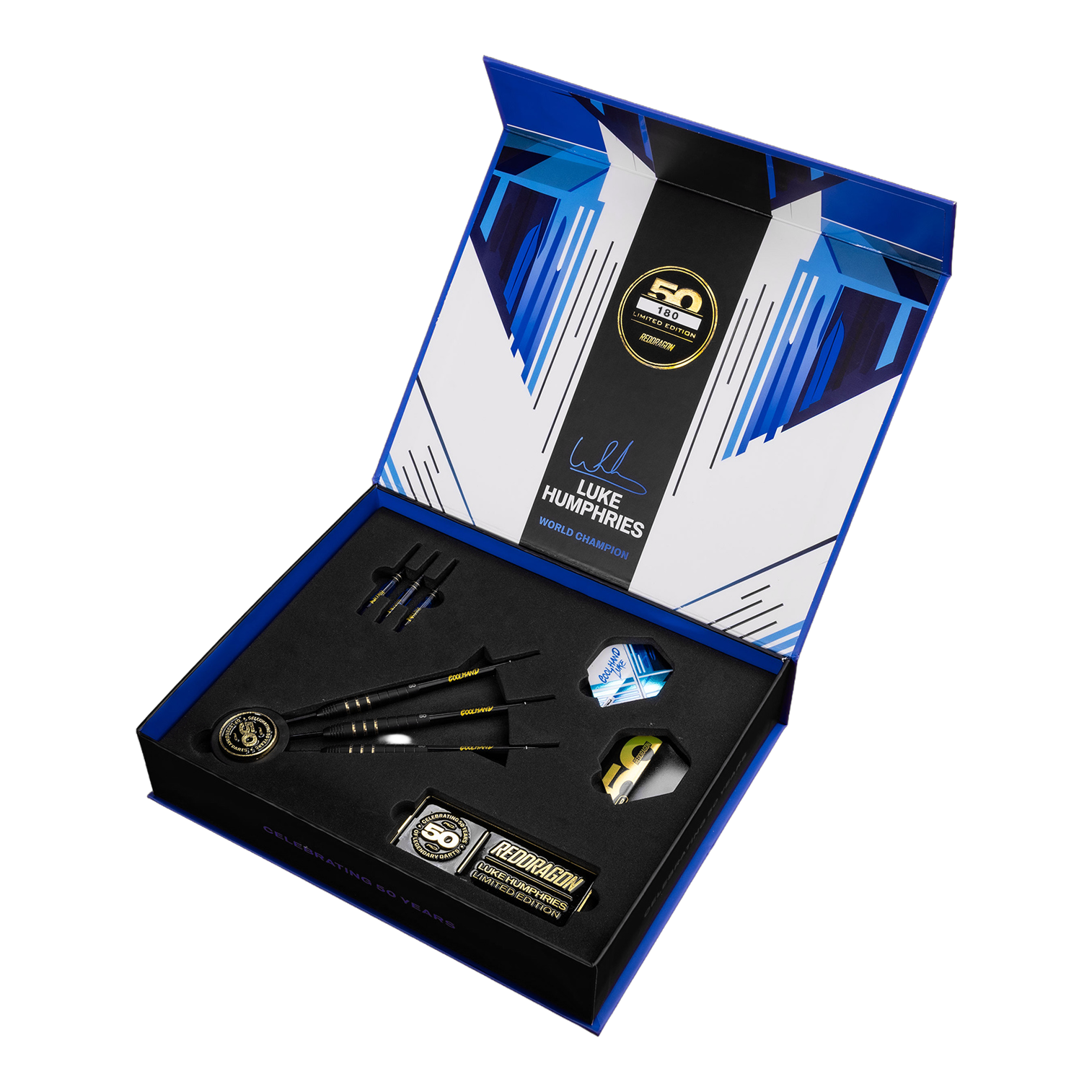 Dieses Bild zeigt den Red Dragon Luke Humphries 50 Years Player Limited Edition Steeldarts - 22g. Die Darts sind zur Feier des 50-jährigen Jubiläums von Luke Humphries entworfen.