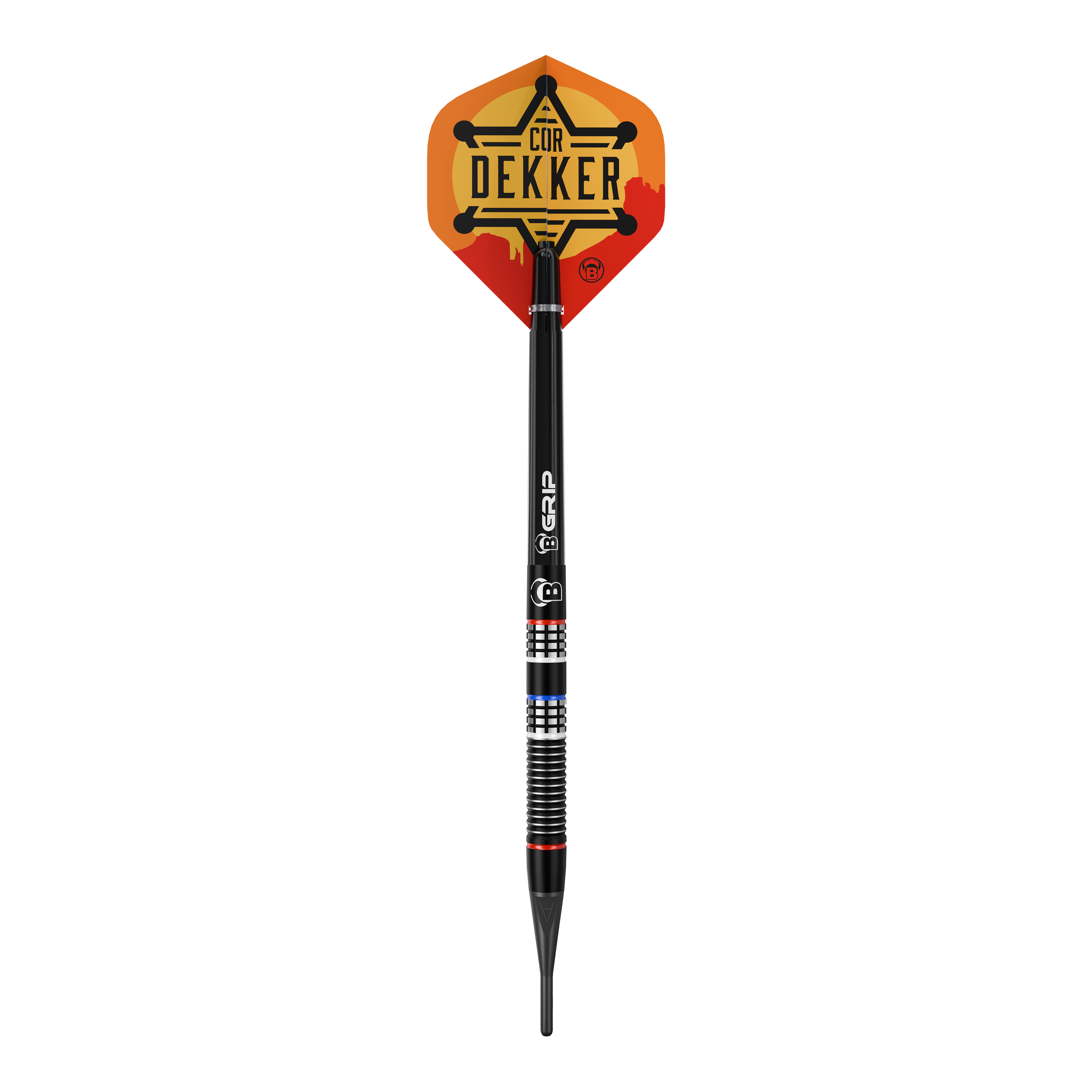 Auf dem Bild ist Bulls Cor Dekker The Sheriff Softdarts - 20g abgebildet. Diese hochwertigen Softdarts sind für elektronische Dartboards geeignet.