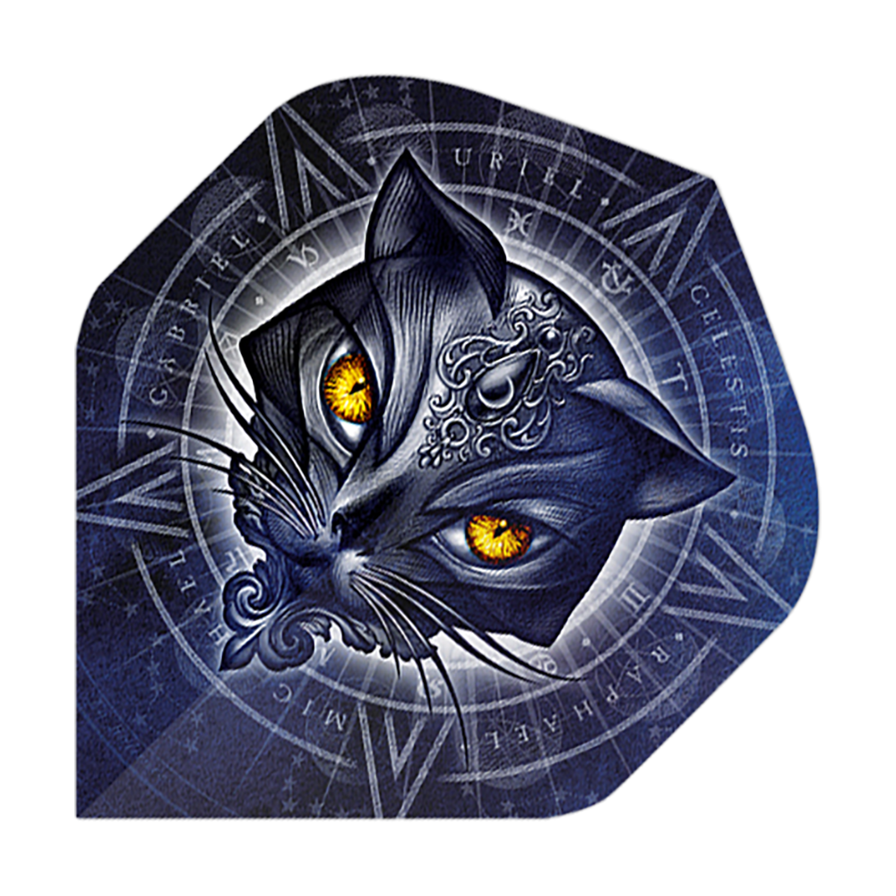 Alchemy Star Of Ailouros No2 Standard Flights Das Bild zeigt einen stilisierten Katzenkopf mit leuchtend gelben Augen vor einem mystischen, blauen Hintergrund. Im Hintergrund sind verschiedene Symbole und Schriftzüge in einem kreisförmigen Muster angeordnet.