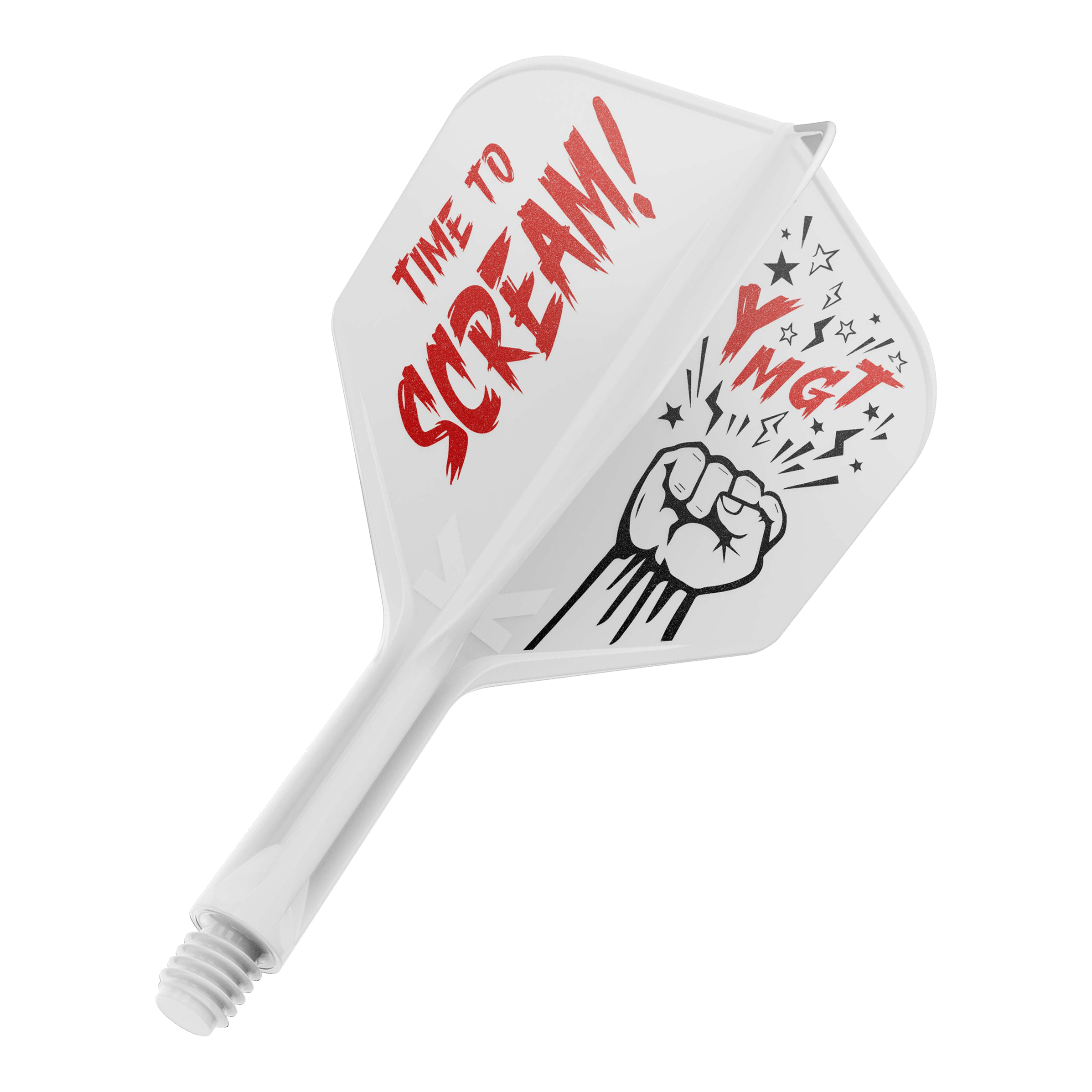 Target Japan K-Flex Scream No6 System wału lotniczego Das Bild zeigt eine Dartflügel- und Schaftkombination in Weiß mit roter und schwarzer Beschriftung. Auf dem Flügel steht "TIME TO SCREAM!" zusammen mit einer gezeichneten Faust und einigen Sternen.