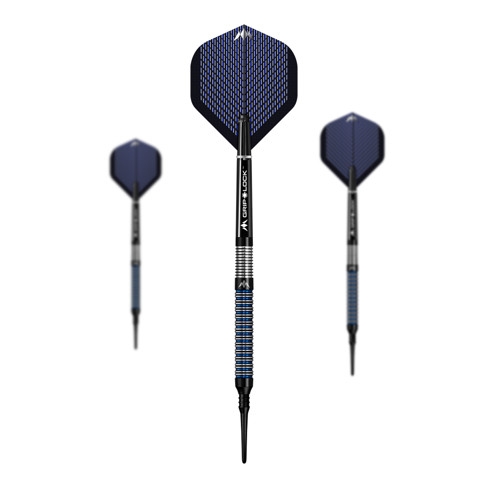 Das Bild zeigt drei Softdarts des Modells "Mission Nightfall Model 1". Die Darts haben schwarze Spitzen, blaue Flügel und einen silber-blau gestreiften Griff.