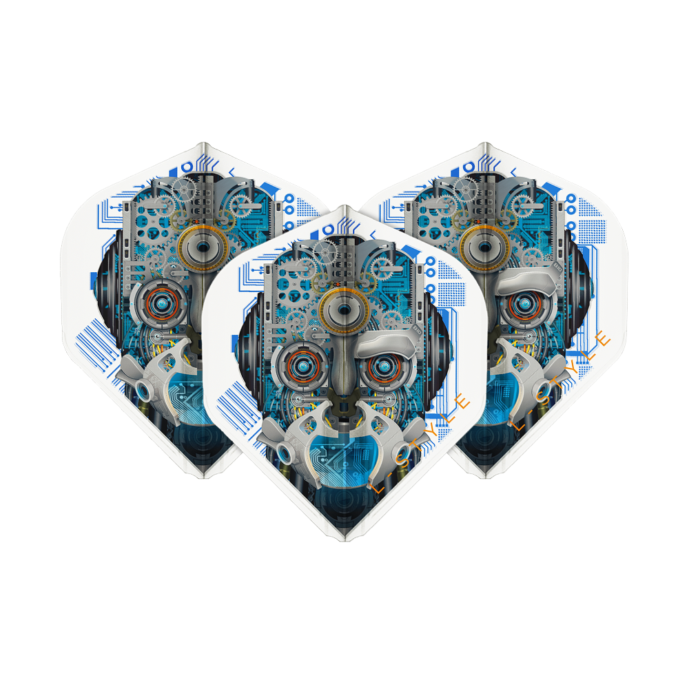 Loty L1EZ w stylu L Berry Van Peer V3 Clear White Das Bild zeigt drei Dartflights mit einem futuristischen Roboter-Design in Blau- und Grautönen. Die Flights sind von der Marke L-Style und heißen "Berry Van Peer V3 Clear White L1EZ".