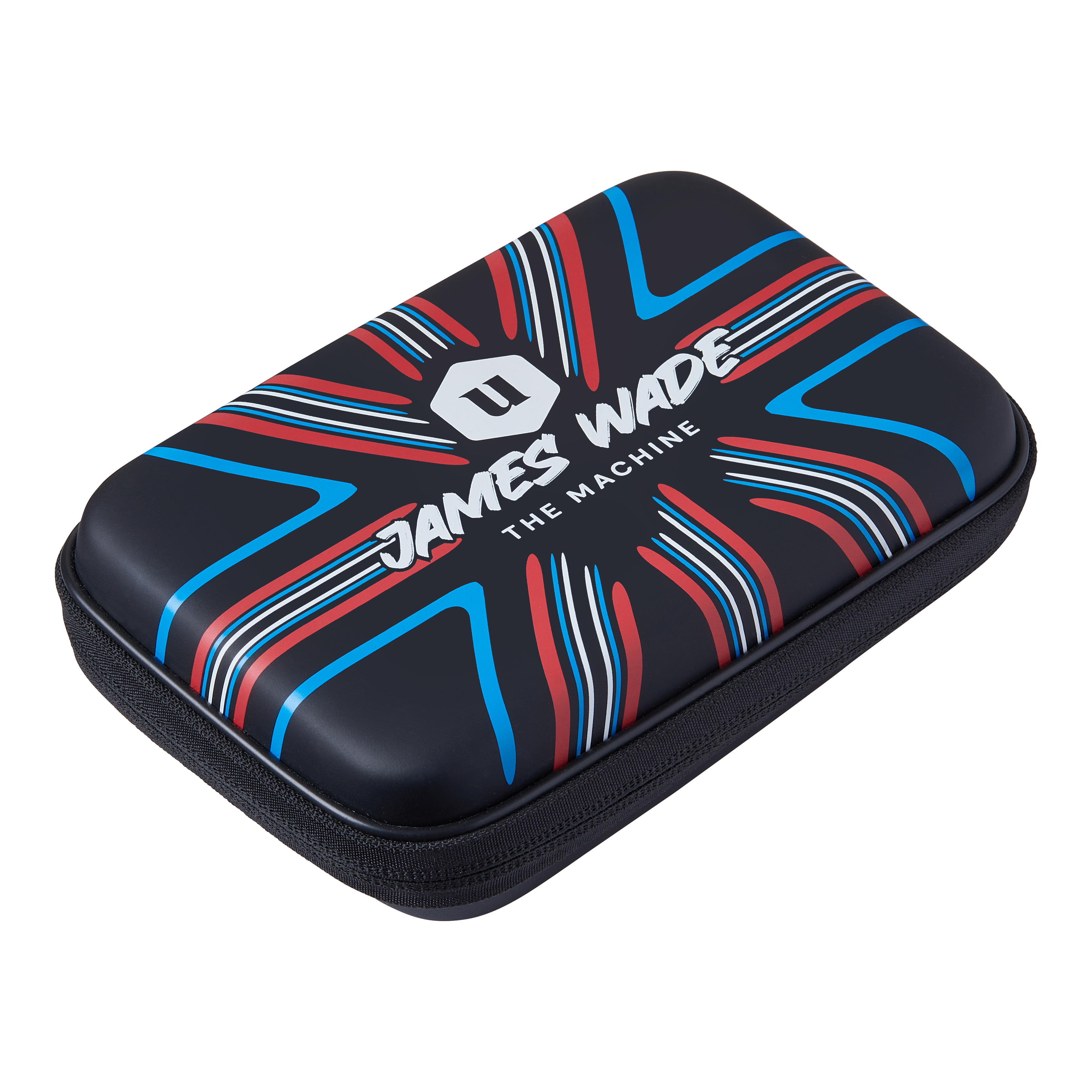 Unicorn Ultra portfel James Wade Dart Das Bild zeigt ein Dartwallet mit dem Aufdruck "James Wade The Machine". Das Etui ist schwarz mit roten, blauen und weißen Designelementen.