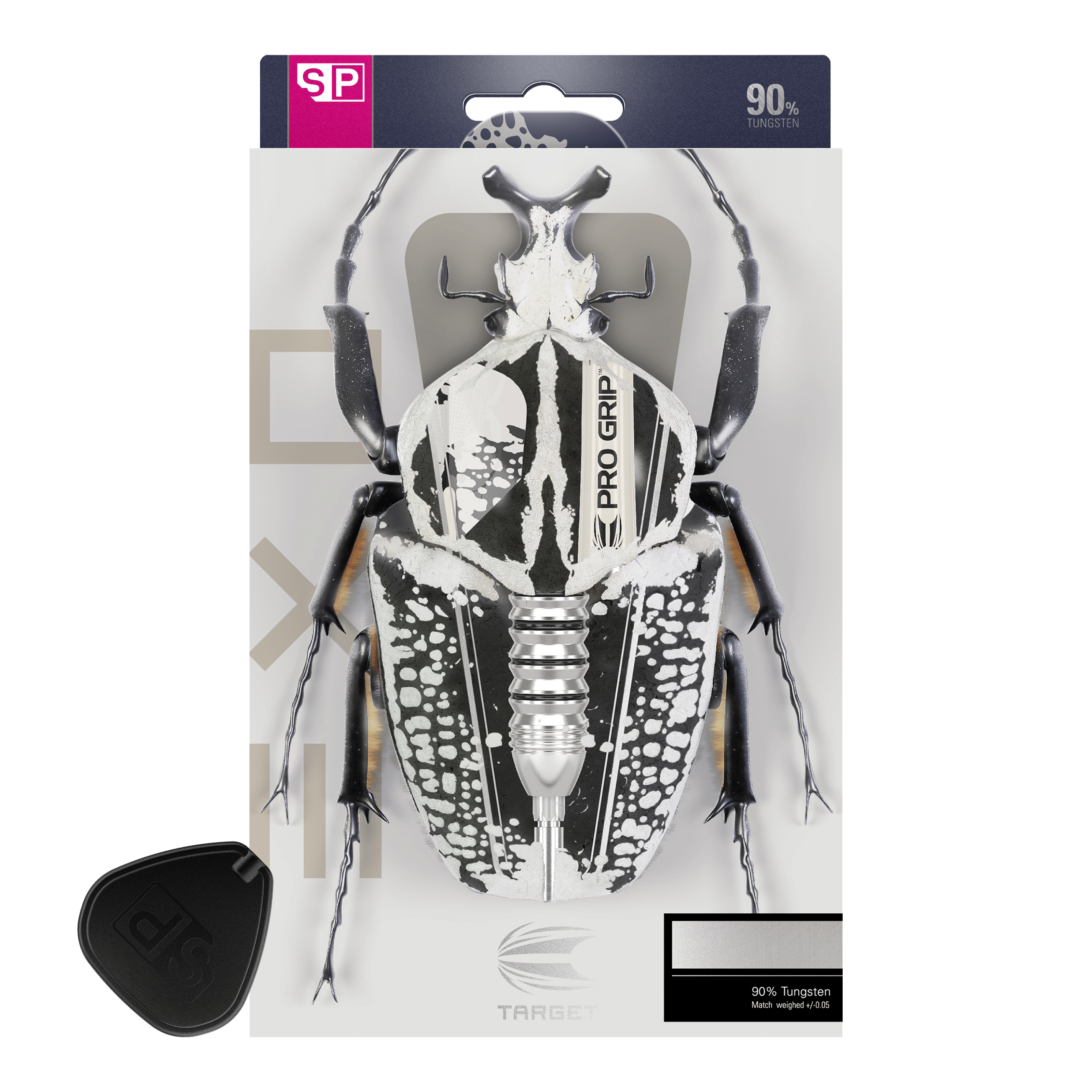 Stalowe lotki Target EXO SP02 Swiss Point Das Bild zeigt die Verpackung der "Target EXO SP02 Swiss Point Steeldarts". Auf der Verpackung ist ein stilisierter Käfer abgebildet, in dessen Körper die Darts integriert sind.