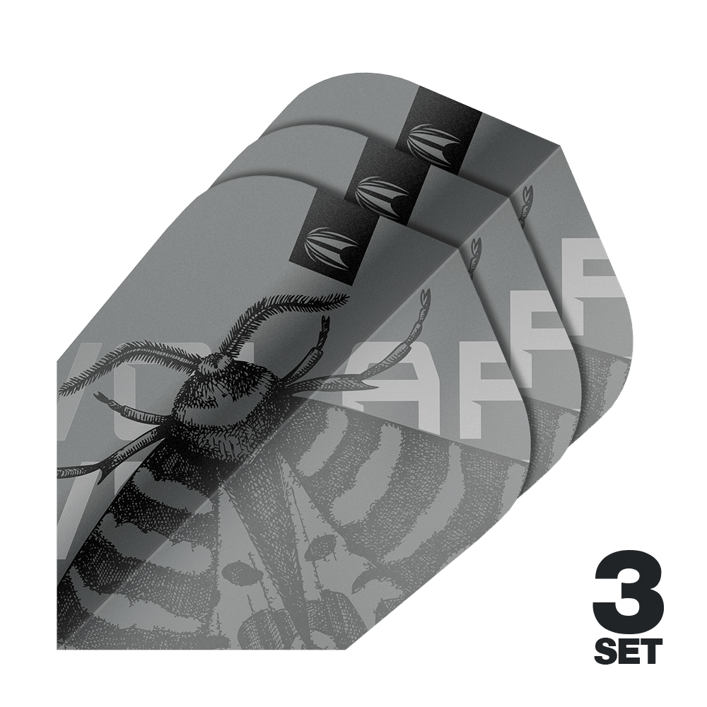 Target Pro Ultra Volar Ten-X Flights - 3 serie Das Bild zeigt drei Sätze Target Pro Ultra Volar Ten-X Flights in grau mit einem stilisierten Insekten-Design. In der Ecke steht "3 Set" in schwarzer Schrift.