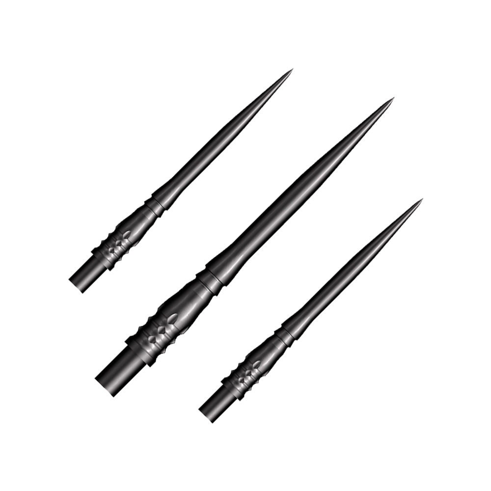 Das Bild zeigt drei schwarze Steeldart-Spitzen des Modells "Shot Cone Rocket" mit einer Länge von 35 mm. Die Spitzen sind schlank, spitz zulaufend und haben ein filigranes Design.