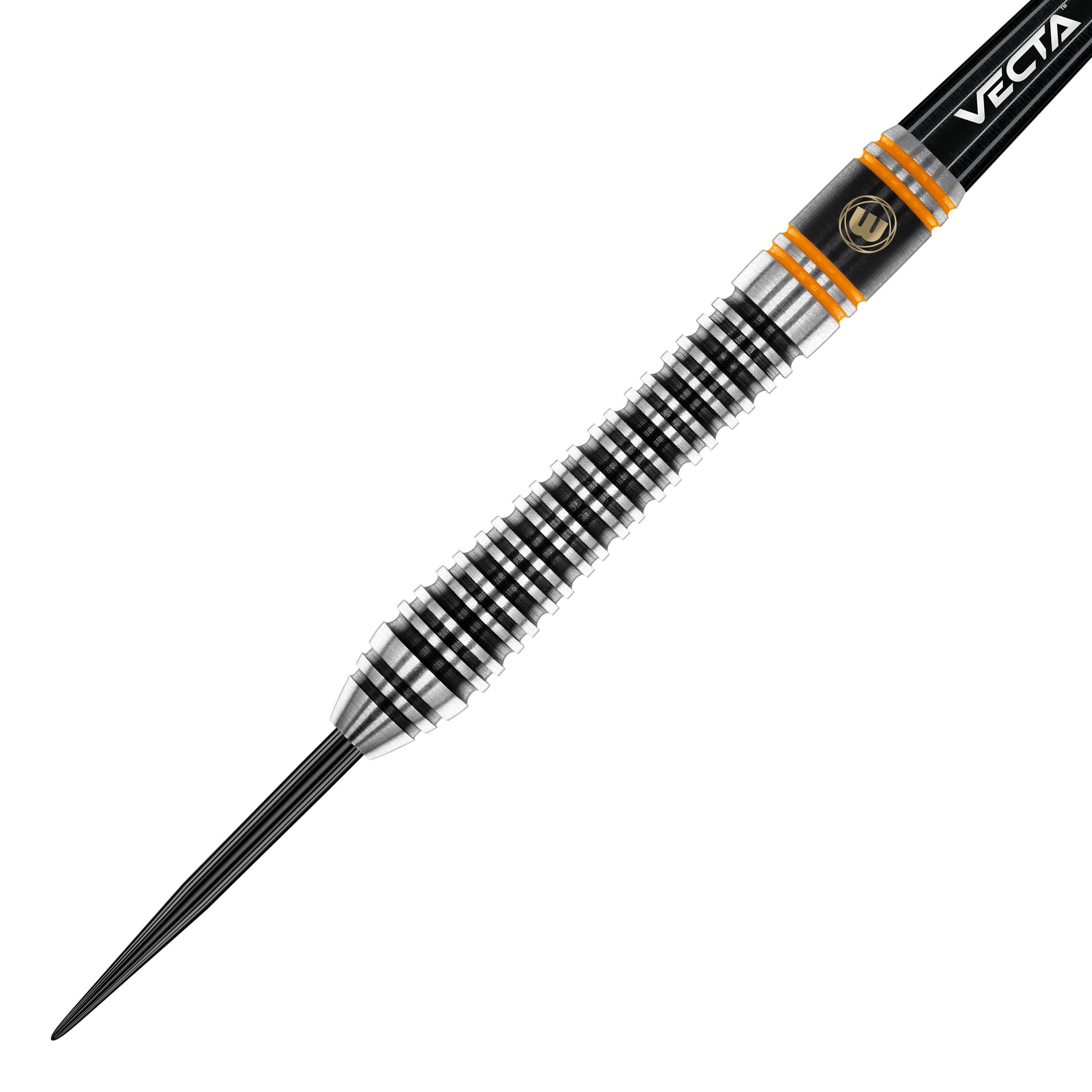 Winmau Danny Noppert Signature Edition 2 stalowe strzałki Das Bild zeigt einen Winmau Danny Noppert Signature Edition 2 Steeldart. Der Dart hat ein silbernes und schwarzes Rillendesign mit orangenen Akzenten.