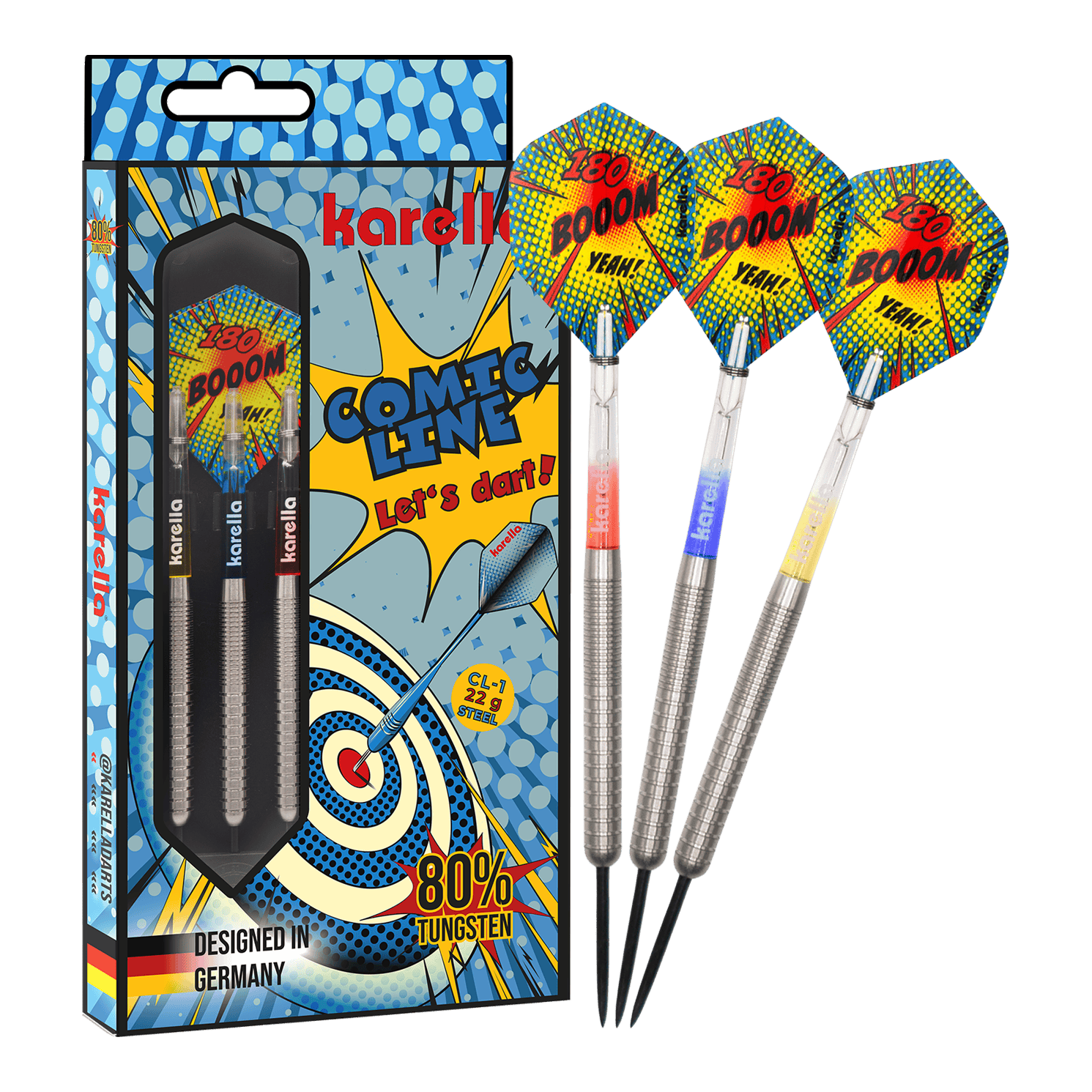 Karella Comic Line CL-1 stalowe lotki - 22g Das Bild zeigt den Karella Comic Line CL-1 Steeldarts - 22g. Es veranschaulicht die vollständige Ansicht des Steeldartpfeils.
