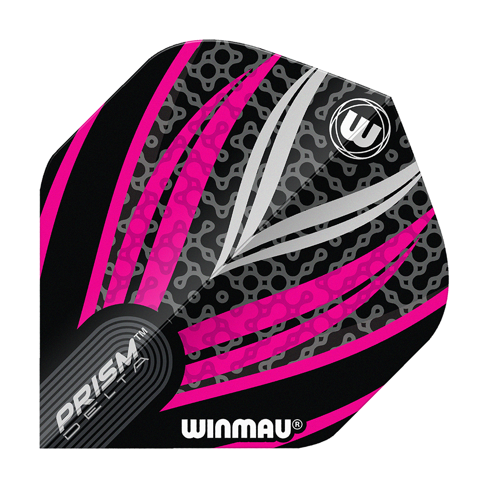 Winmau Prism Delta Czarno-Biało-Różowy Nr 2 Standardowe Loty Das Bild zeigt ein Winmau Prism Delta Dart Flight in den Farben Schwarz, Weiß und Pink. Das Flight hat ein modernes Muster mit Linien und dem Winmau-Logo darauf.