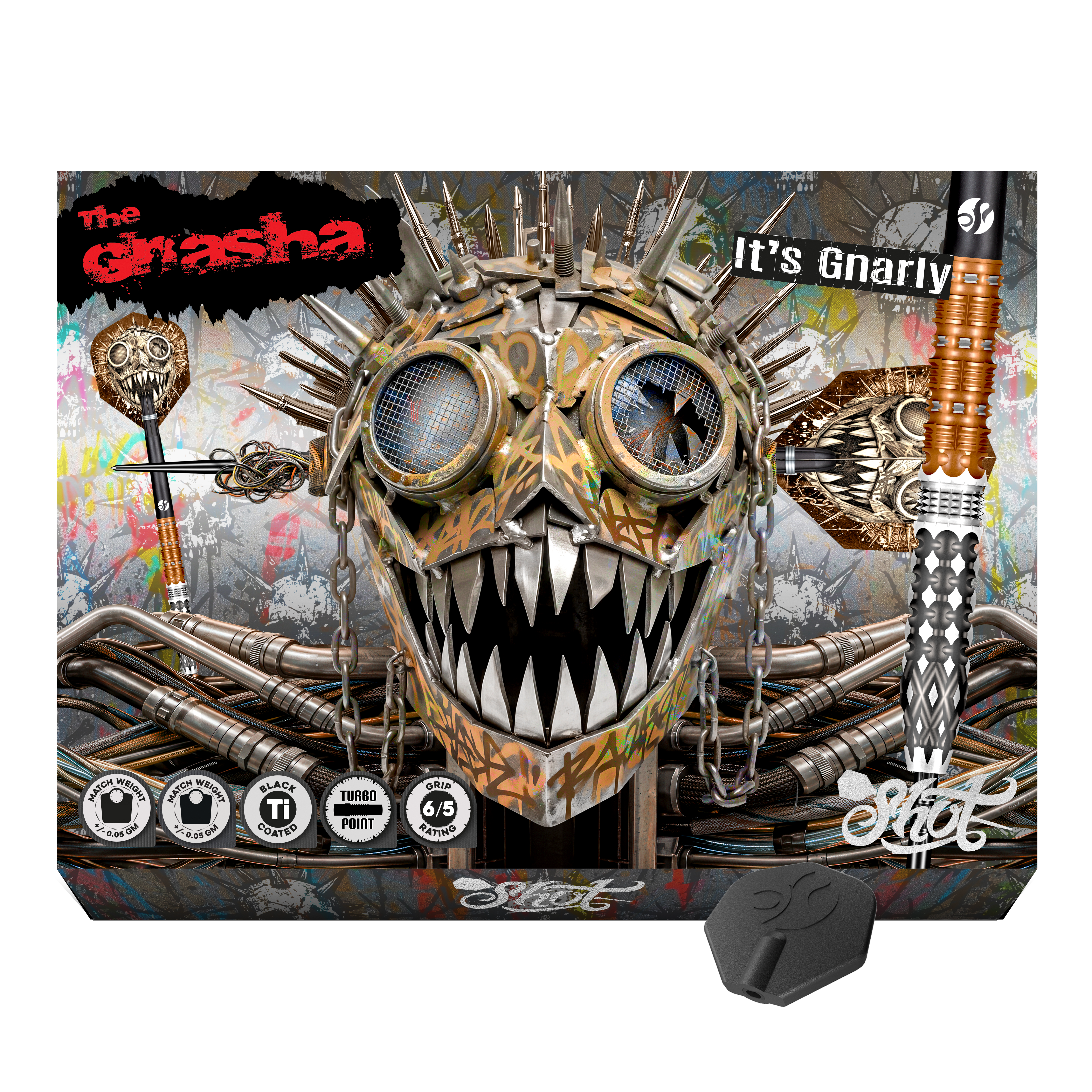Zu sehen ist ein weiterer Blickwinkel auf die Shot Gnarly Gnasha Turbo Point Steeldarts mit 23g. Die Darts bieten einen guten Halt und eine optimale Balance.