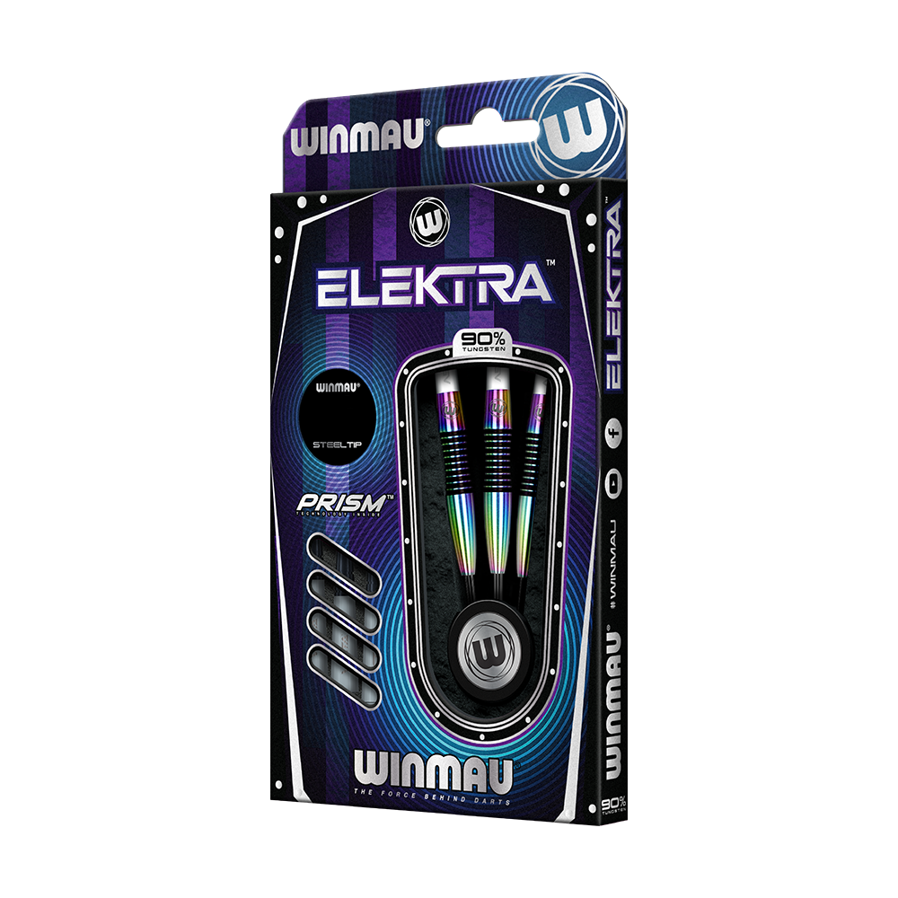 1451_Winmau_Elektra_Steeldarts_3 Das Bild zeigt die Verpackung der "Winmau Elektra Steeldarts". Drei bunte Steeldarts mit 90% Tungsten sind in der Schachtel sichtbar.
