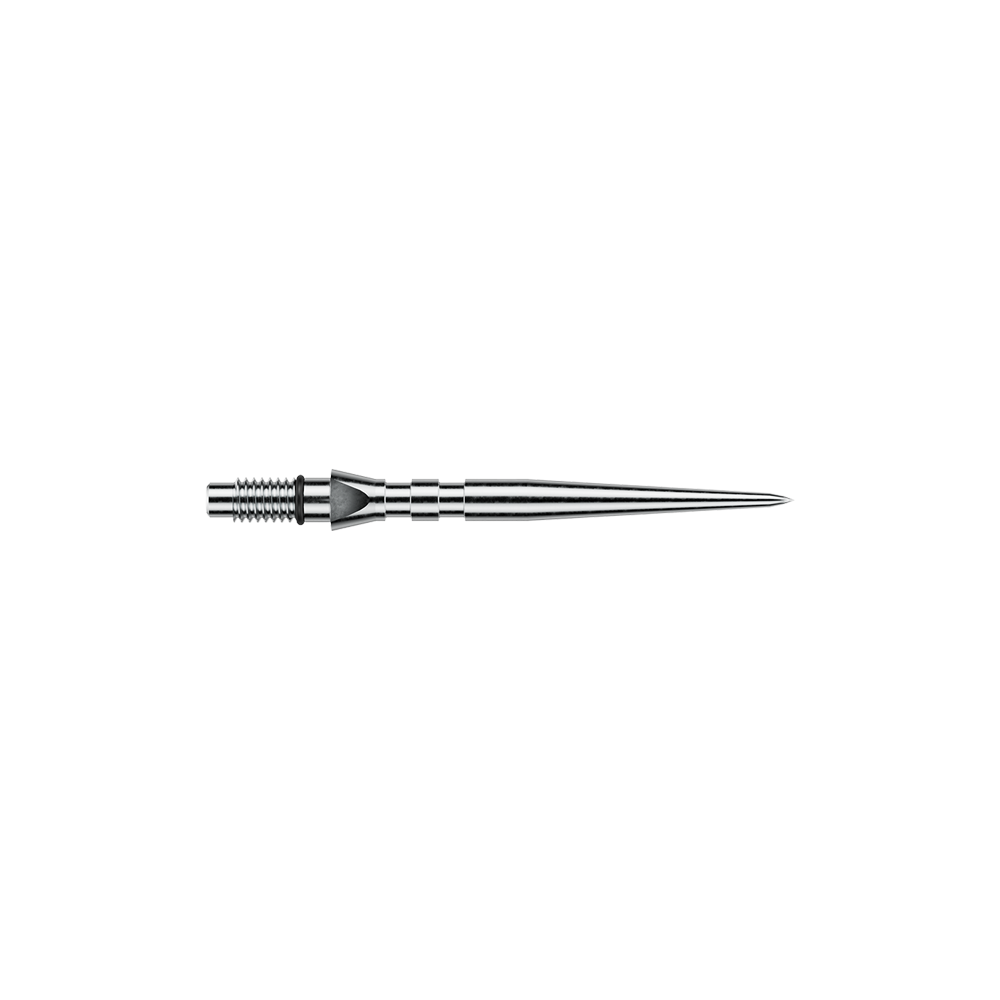 Stalowe groty do lotek Winmau Switch Point Groove – efekt srebrny Das Bild zeigt silberfarbene Steeldartspitzen mit Rillen, vermutlich 'Switch Point Groove Silver Effect' und 26mm lang. Die Spitzen sind für Steeldarts vorgesehen.