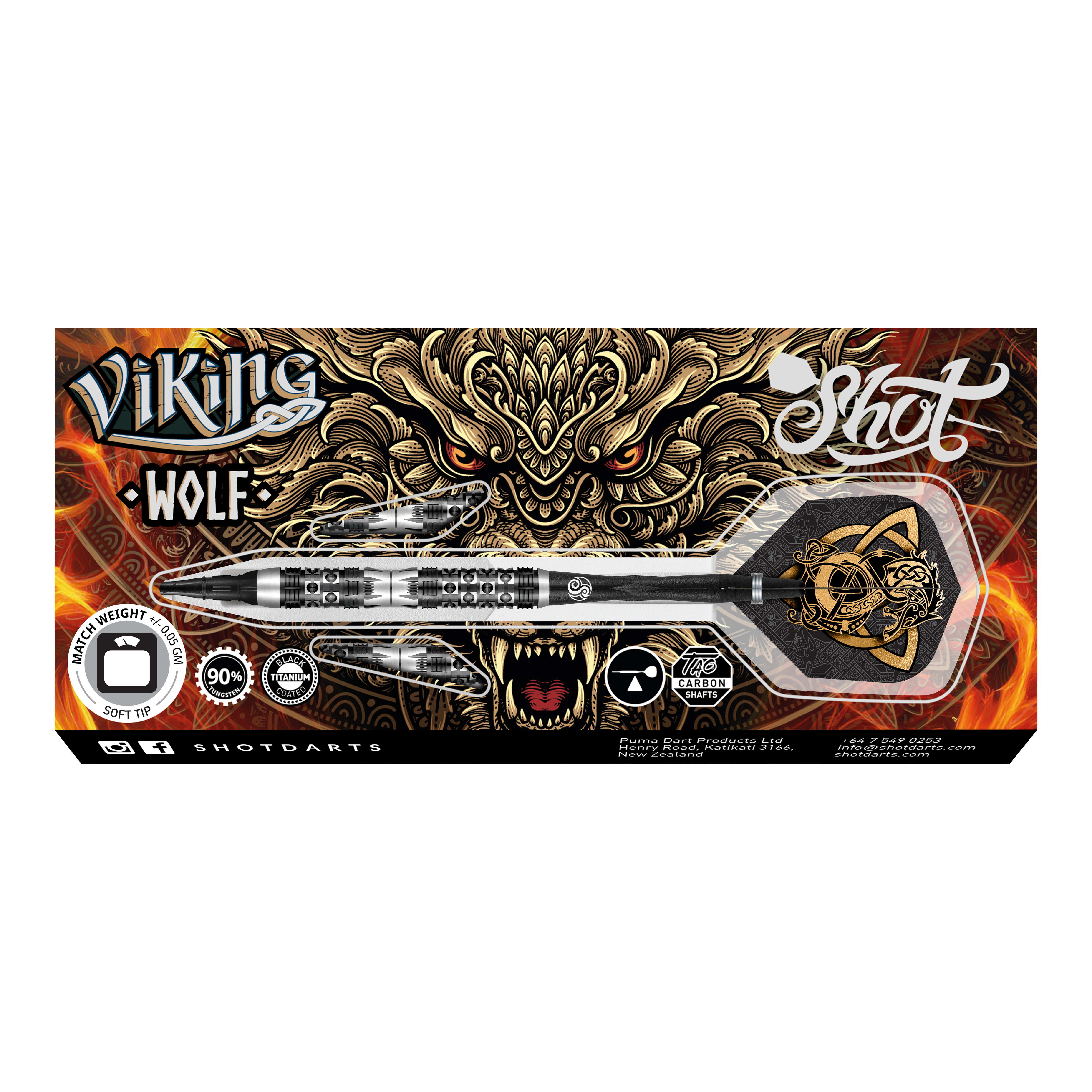 Miękkie lotki Shot Viking Wolf - 20g Das Bild zeigt das Produkt "Shot Viking Wolf Softdarts - 20g" mit einem dekorativen Wolfdesign im Hintergrund. Die Verpackung hebt die Merkmale des Softdarts hervor, darunter das Gewicht von 20 Gramm und die hochwertige Verarbeitung.