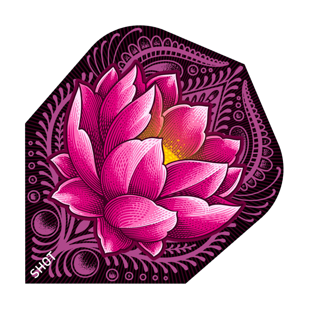 SF5432_Shot_ZEN_Juji_No6_Flights_1ROhONsnJ5lQn5 Das Bild zeigt ein Dart-Flight mit einem auffälligen pinken Lotusblumen-Design auf dunklem Hintergrund. In der unteren Ecke steht das Wort „SHOT“.