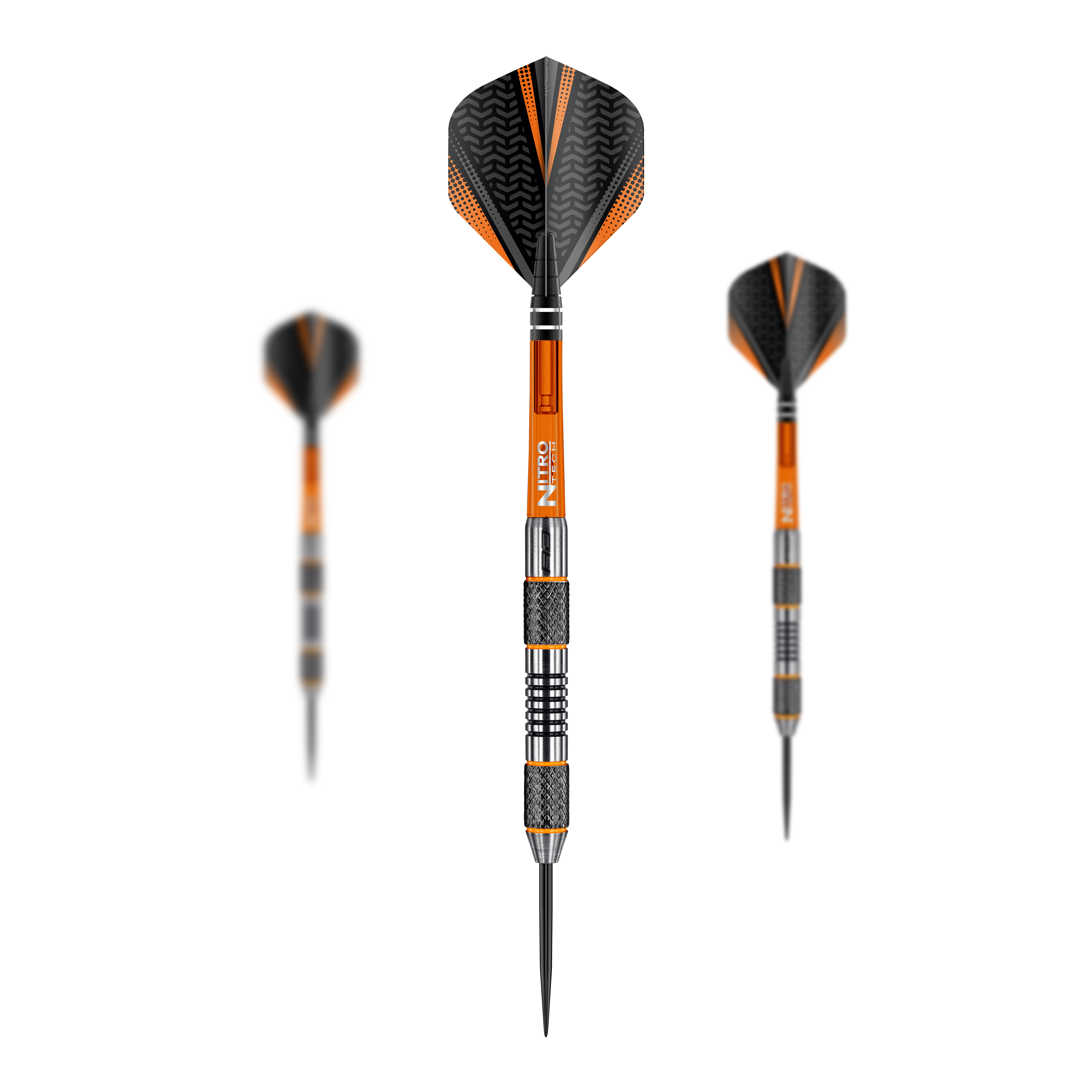 Rzutki stalowe Red Dragon Amberjack 5 - 24g Das Bild zeigt die Steeldarts "Red Dragon Amberjack 5" mit einem Gewicht von 24g. Die Darts sind überwiegend orange und schwarz mit silbernen Details gestaltet.