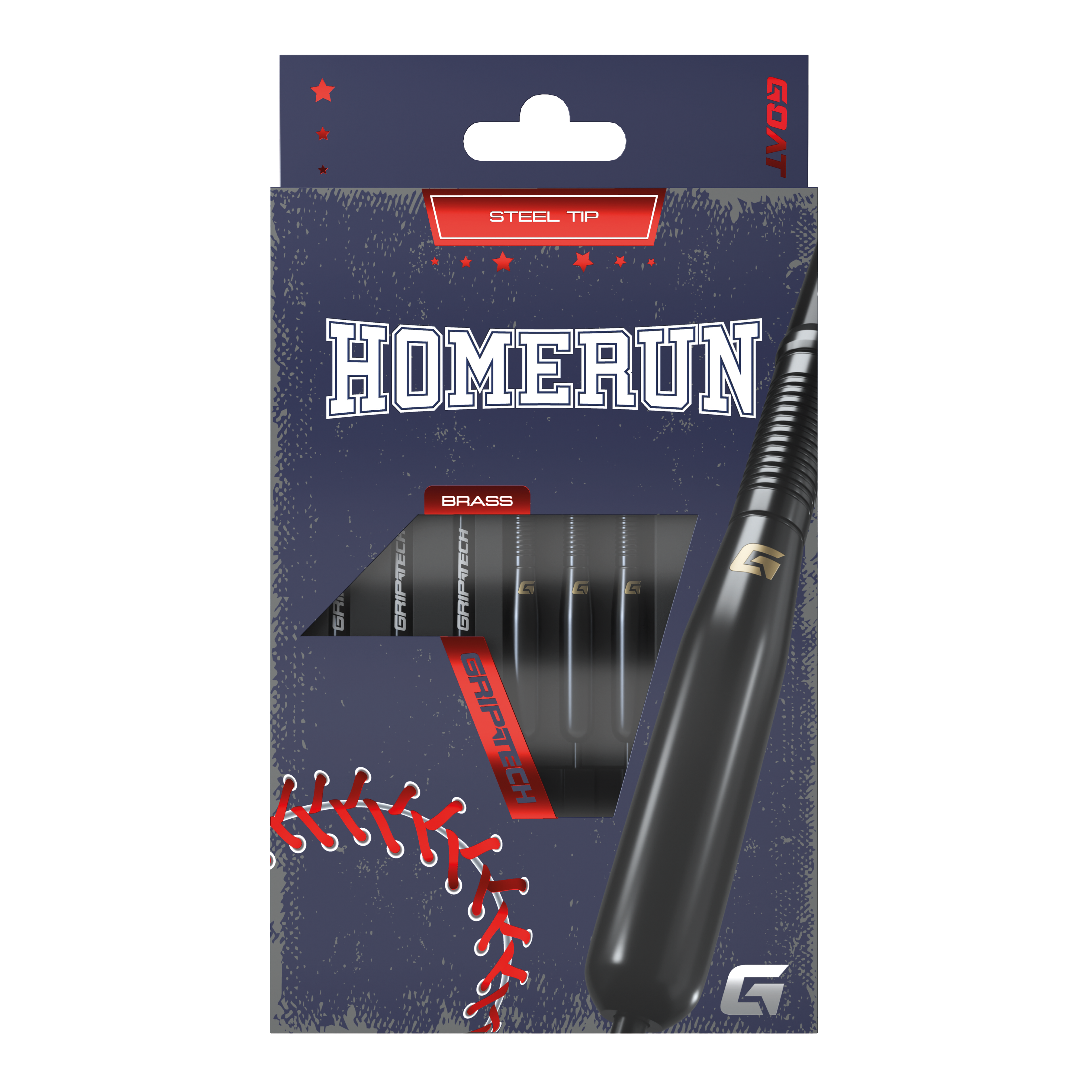Die Abbildung zeigt die Verpackung der GOAT Homerun Baseball Black Brass Steeldarts mit einem Gewicht von 15g. Auf der Verpackung ist das Design im Baseball-Stil mit dem Schriftzug "HOMERUN" und einem Sichtfenster für die Darts zu sehen.