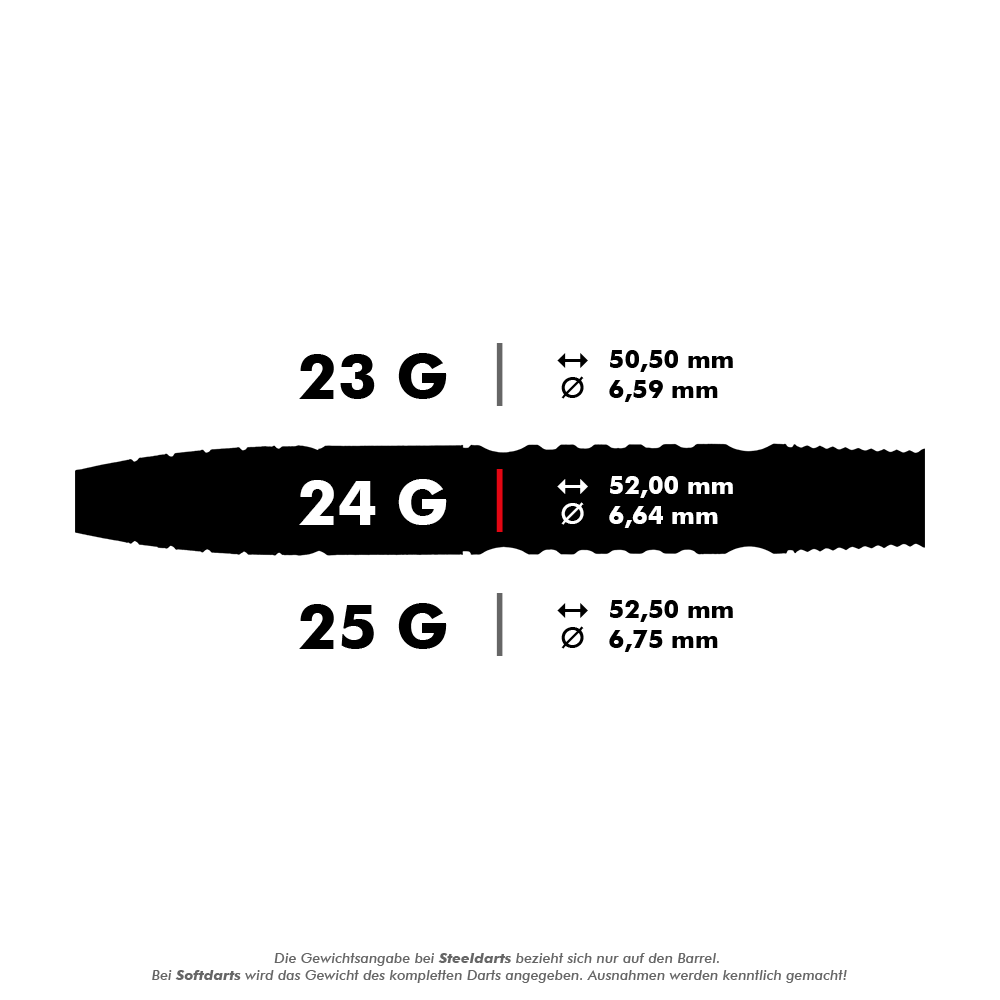 Das Bild zeigt drei verschiedene Steeldarts mit den Gewichten 23 g, 24 g und 25 g sowie deren jeweilige Maße. Die Maße für Länge und Durchmesser sind für jedes Gewicht angegeben.