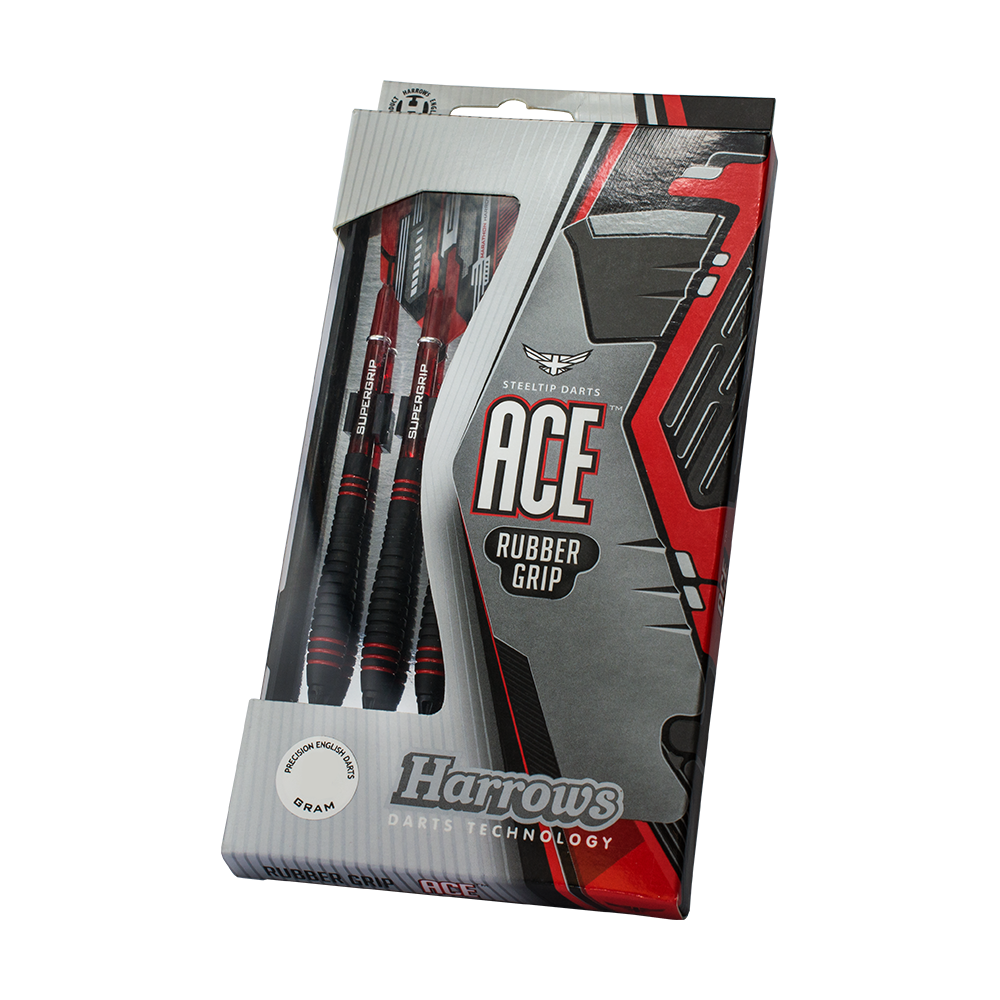 HA13722_Harrows_ACE_Rubber_Grip_Softdarts_3 Das Bild zeigt eine Packung Harrows ACE Rubber Grip Softdarts. Die Verpackung ist überwiegend grau und rot gestaltet und zeigt die Darts mit schwarzem Griff durch ein Sichtfenster.