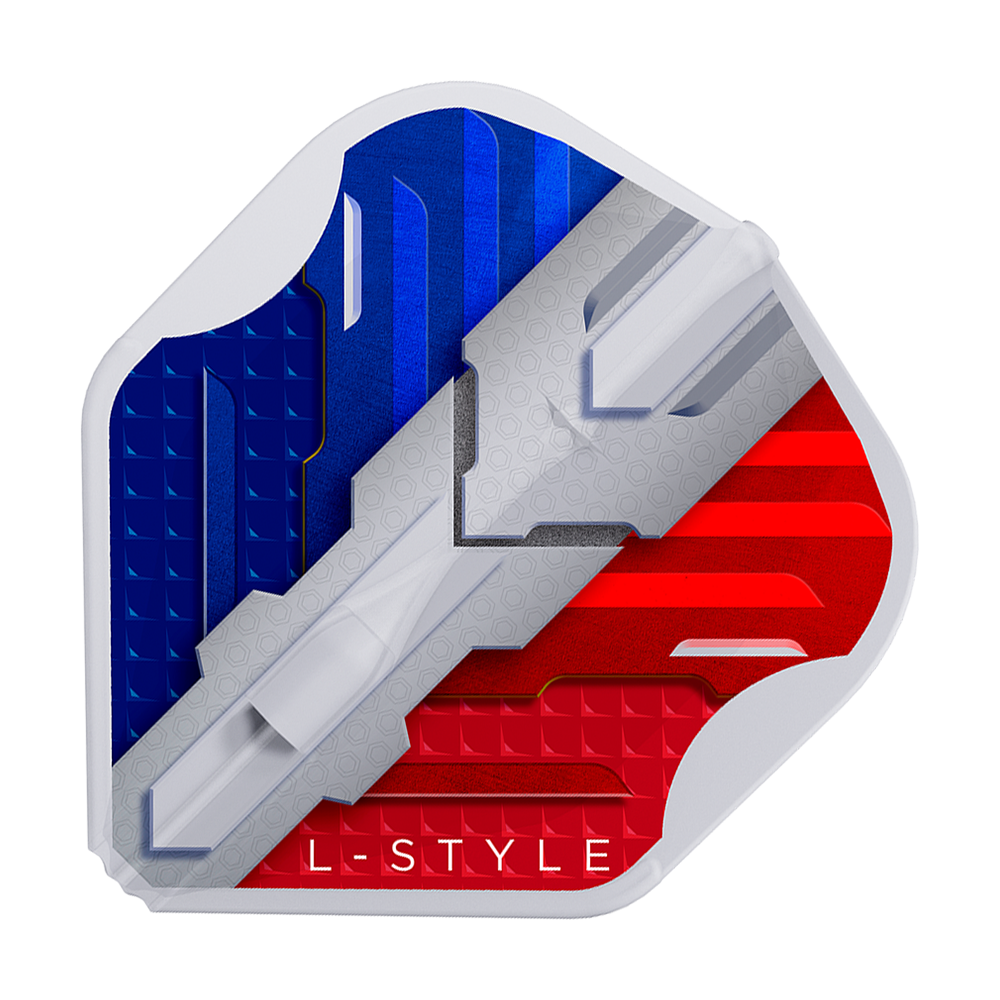 L-Style V-Series V1 Typ B Francja Przezroczysta biel L1EZ Loty Das Bild zeigt ein Dartflight mit den Farben der französischen Flagge in Blau, Weiß und Rot. Unten steht der Schriftzug "L-STYLE".