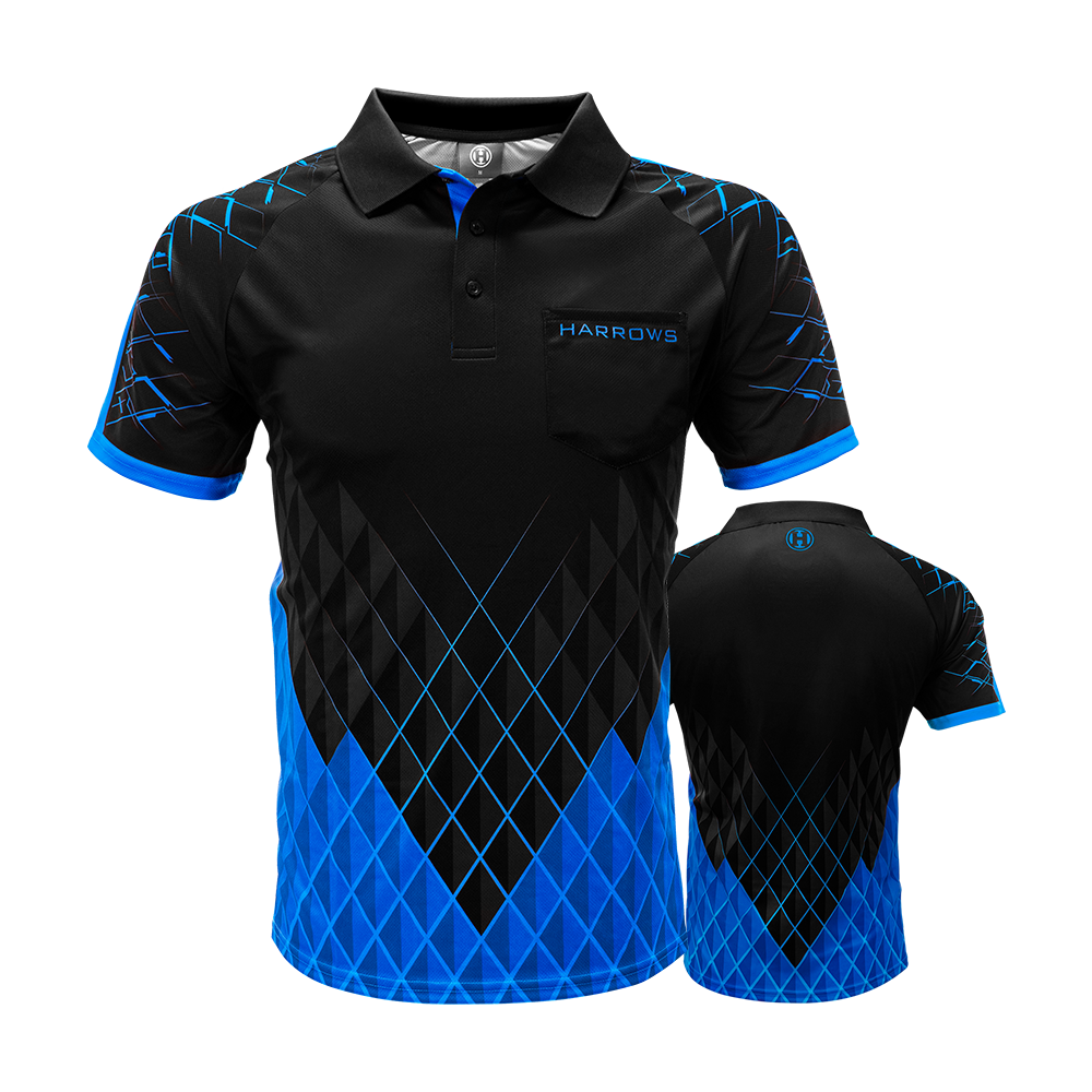 HRS-26135_Harrows_Paragon_Dartshirt_Blau_0 Das Bild zeigt das Harrows Paragon Dartshirt in Blau. Das Shirt hat ein modernes, schwarzes Design mit blauen Rautenmuster und blauen Akzenten an Kragen und Ärmeln.