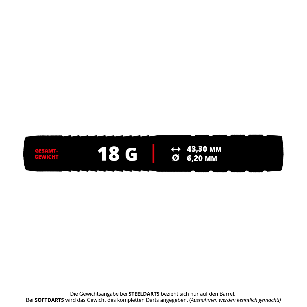 Auf dem Bild sind McDart Ringed Shark Softdart Barrels mit einem Gewicht von 18g zu sehen. Sie sind Dartbarrels mit einem Ringdesign für Softdarts.
