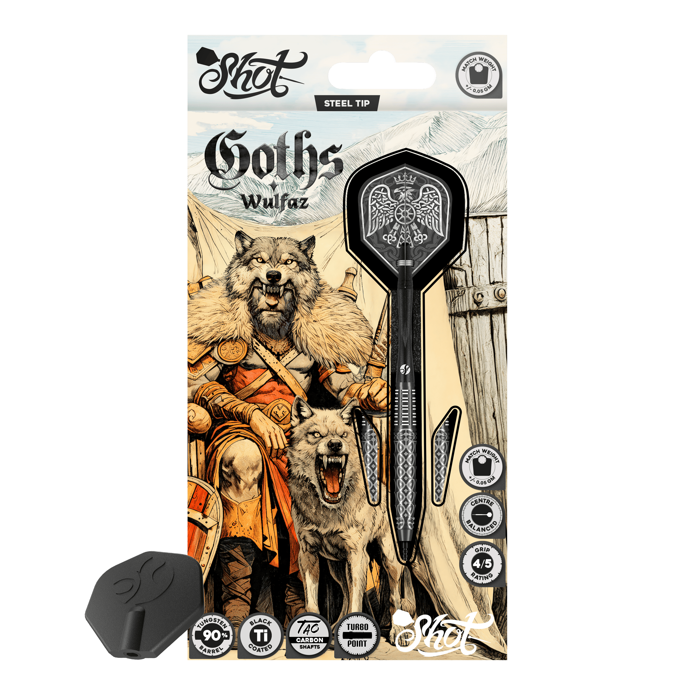 Lotki stalowe Shot Goths Wulfaz Turbo Point - 23g Das Bild zeigt die Shot Goths Wulfaz Turbo Point Steeldarts mit 23 Gramm. Diese Pfeile sind für das Steeldartspiel konzipiert.