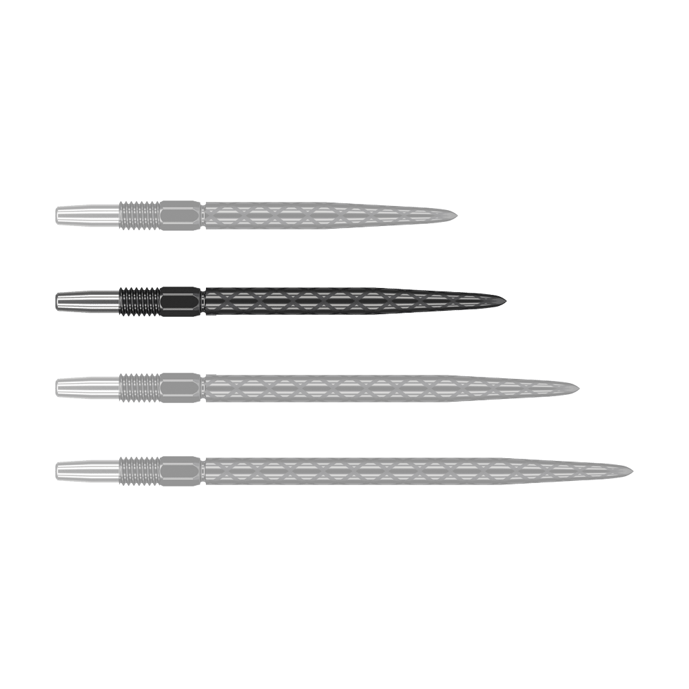 Końcówki do lotek Target Swiss Diamond Pro Black Points Das Bild zeigt vier schwarze Dartspitzen mit silbernem Gewinde, die nebeneinander liegen. Die Spitzen haben eine rautenförmige Struktur entlang des Schafts.