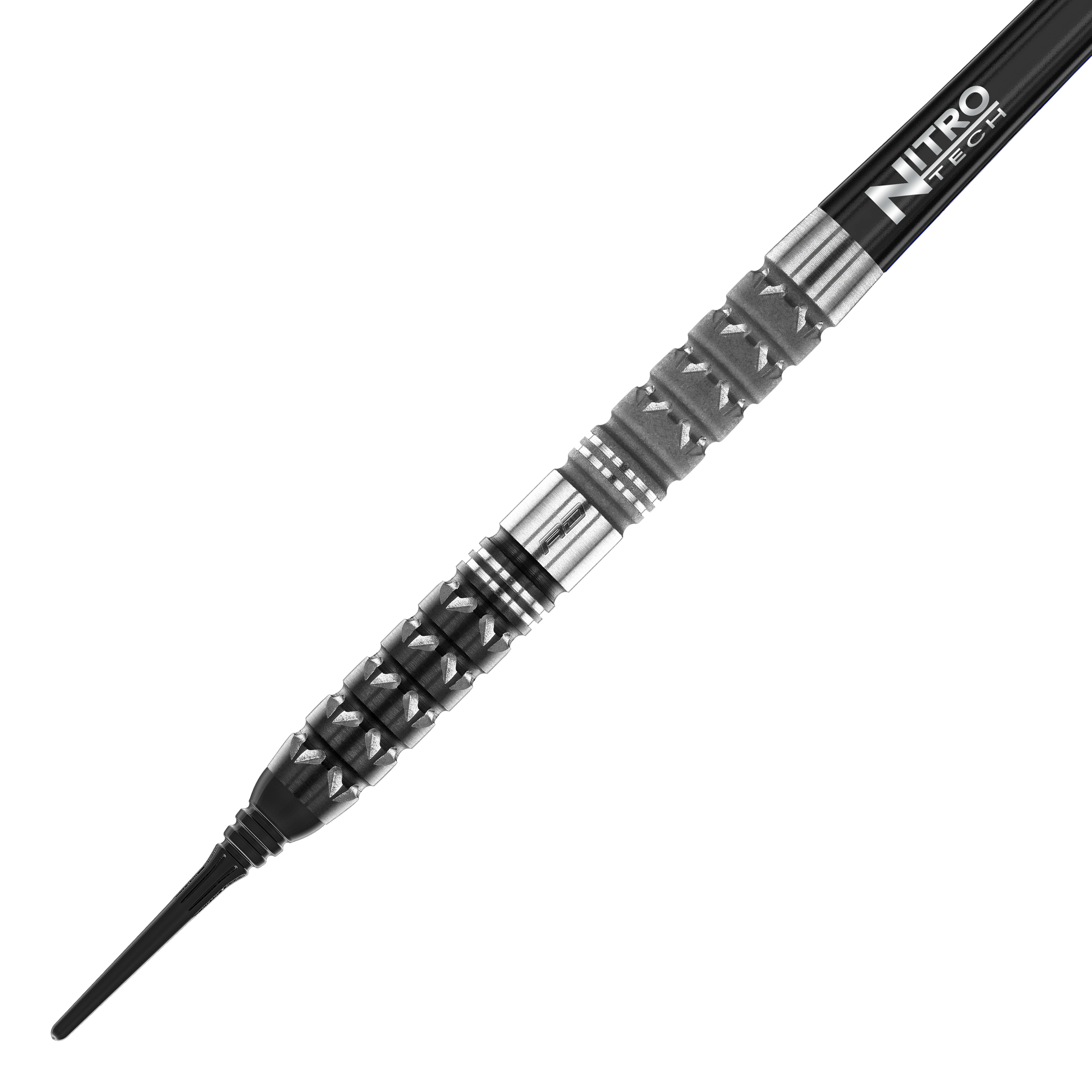 Red Dragon Paradym Tapered Soft Darts - 20g Das Bild zeigt den Red Dragon Paradym Tapered Softdart mit einem Gewicht von 20g. Der Dart hat ein markantes, silber-schwarzes Design mit spezieller Griffstruktur und der Aufschrift "Nitro Tech" am Schaft.