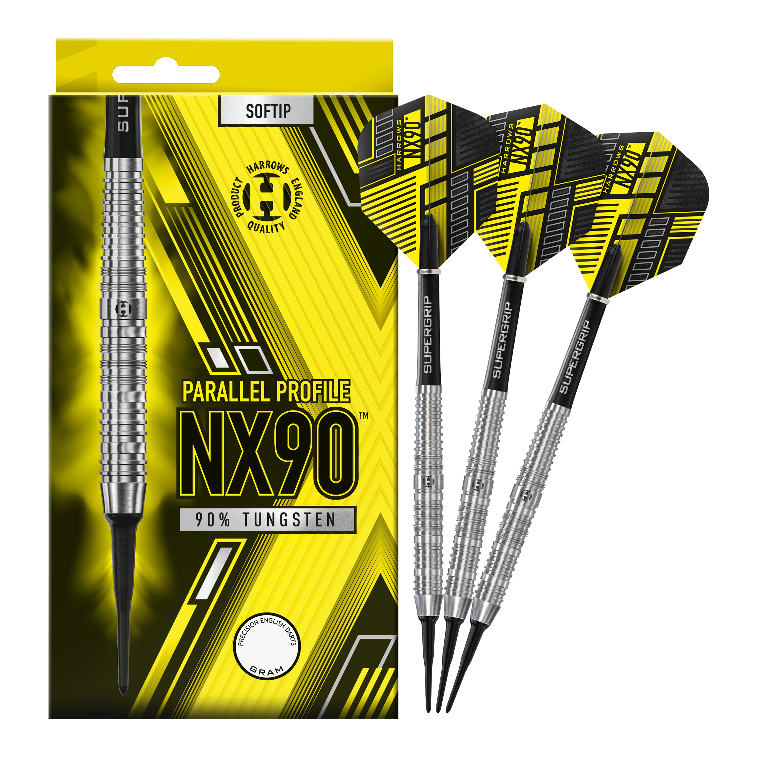 Harrows NX90 Parallel Softdart Das Bild zeigt eine Packung der Harrows NX90 Parallel Softdarts mit gelb-schwarzem Design. Daneben liegen drei silberne Softdarts mit schwarzen und gelben Flights.