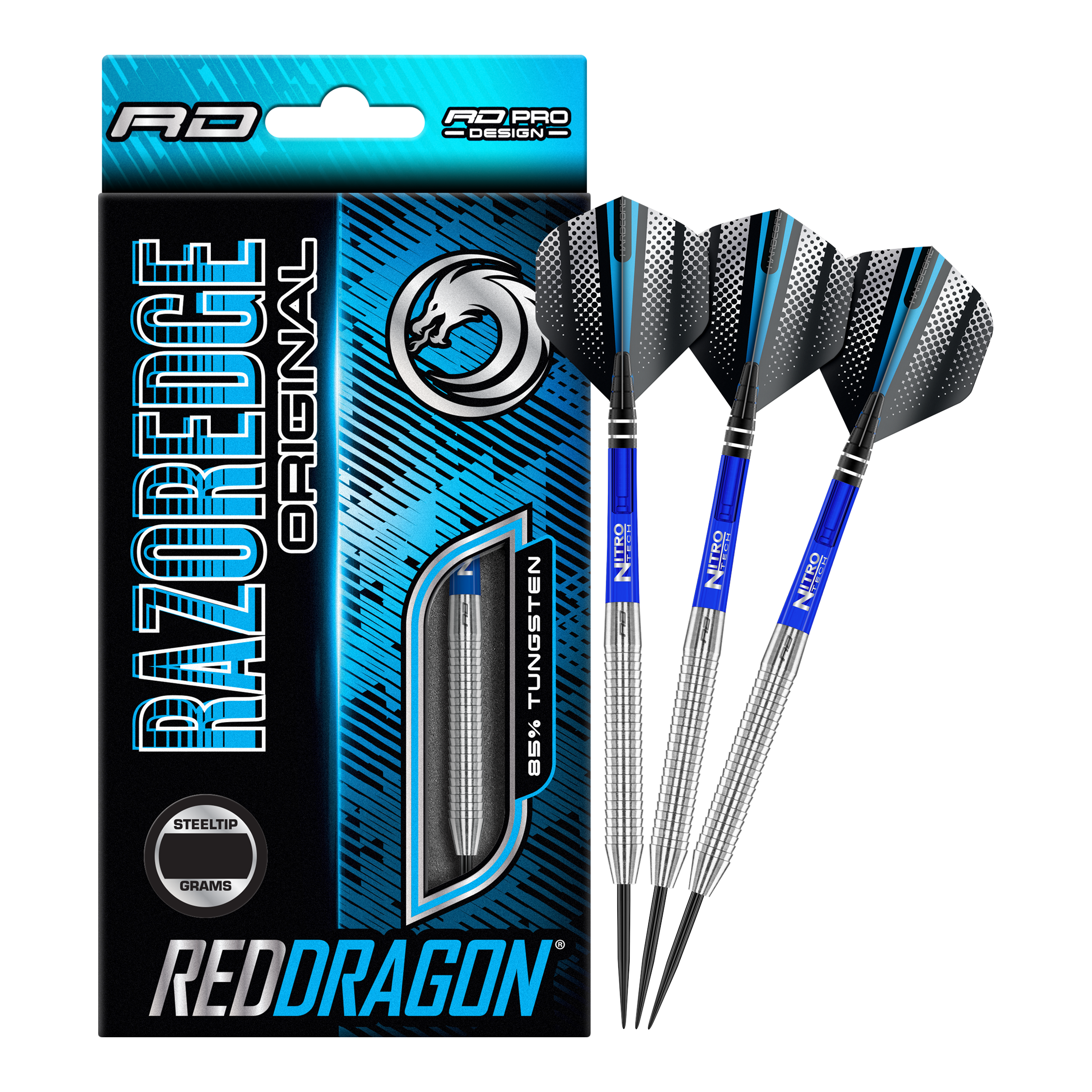 Oryginalne stalowe lotki Red Dragon Razor Edge Das Bild zeigt eine Packung „Red Dragon Razor Edge Original Steeldarts - 24g“ und drei dazugehörige Dartpfeile. Die Verpackung ist hauptsächlich blau und schwarz gestaltet und hebt den Schriftzug „RAZOREDGE ORIGINAL“ sowie „85% TUNGSTEN“ hervor.
