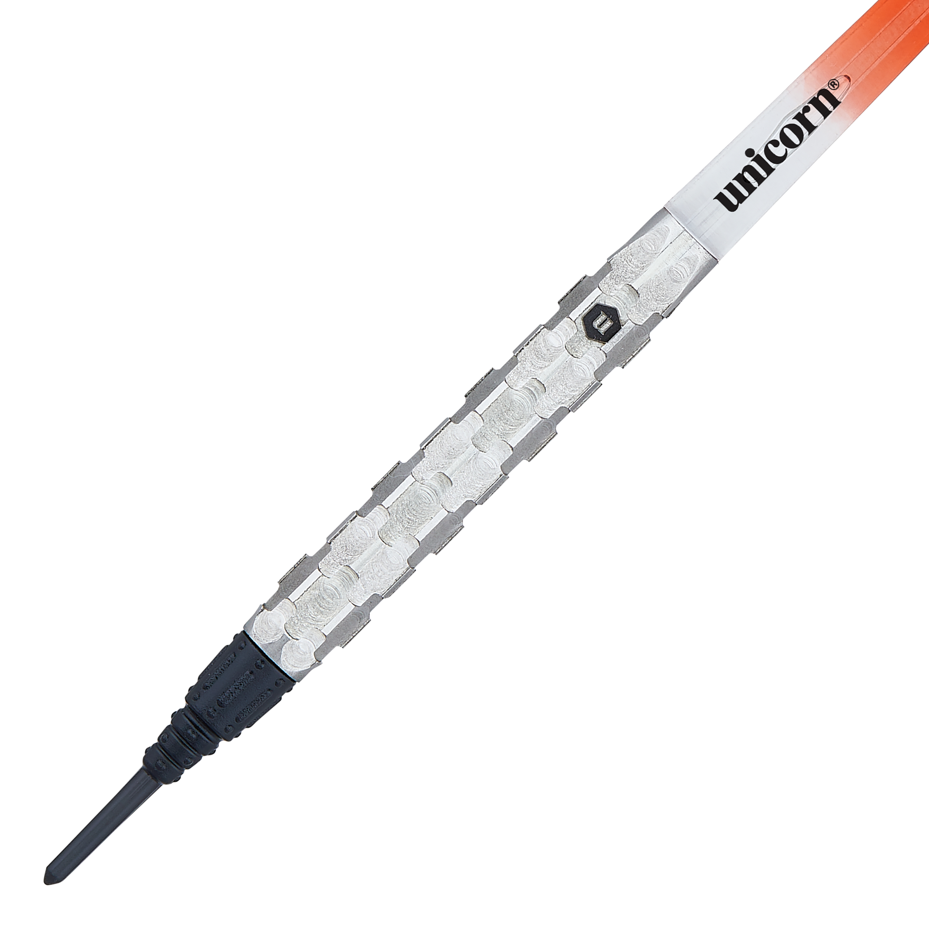 Unicorn Ballista Style 1 miękkie lotki Das Bild zeigt einen Softdart namens "Unicorn Ballista Style 1". Der Dart hat einen silbernen, strukturierten Griff und eine schwarze Spitze.