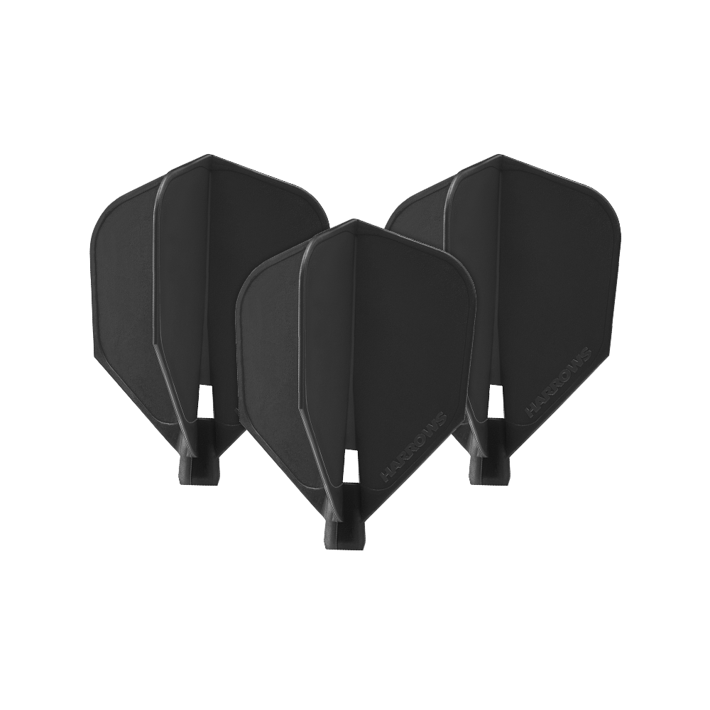 HRC-100_Harrows_Clic_Standard_Flight_Black_1a1zsfdYqd88dl Das Bild zeigt drei schwarze Harrows Clic Standard Flights für Dartpfeile. Sie sind schlicht gestaltet und eignen sich ideal für den professionellen Dartsport.