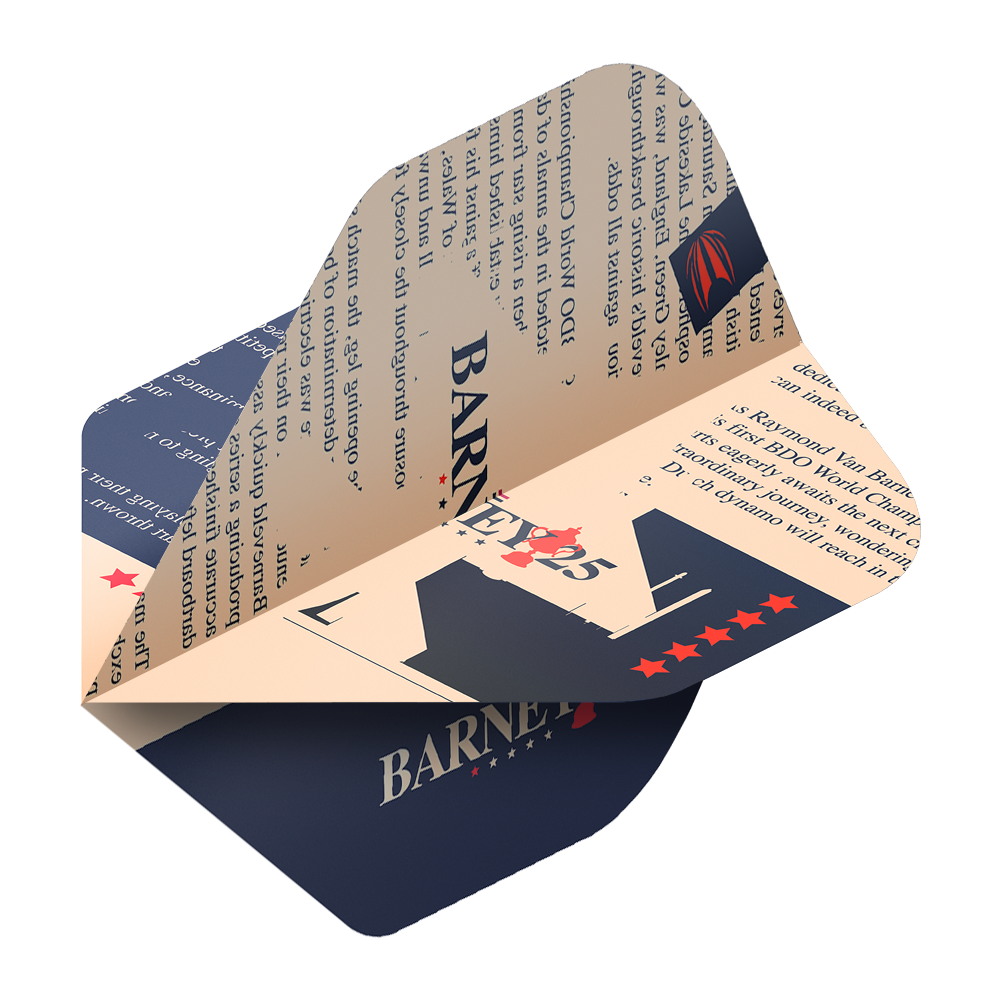 Kieruj na standardowe loty ProUltra Raymond Van Barneveld Barney25 Das Bild zeigt einen Target ProUltra Raymond Van Barneveld Barney25 Standard Flight für Darts. Das Design ist in Blau und Beige gehalten und enthält Sterne sowie den Schriftzug "Barney25".