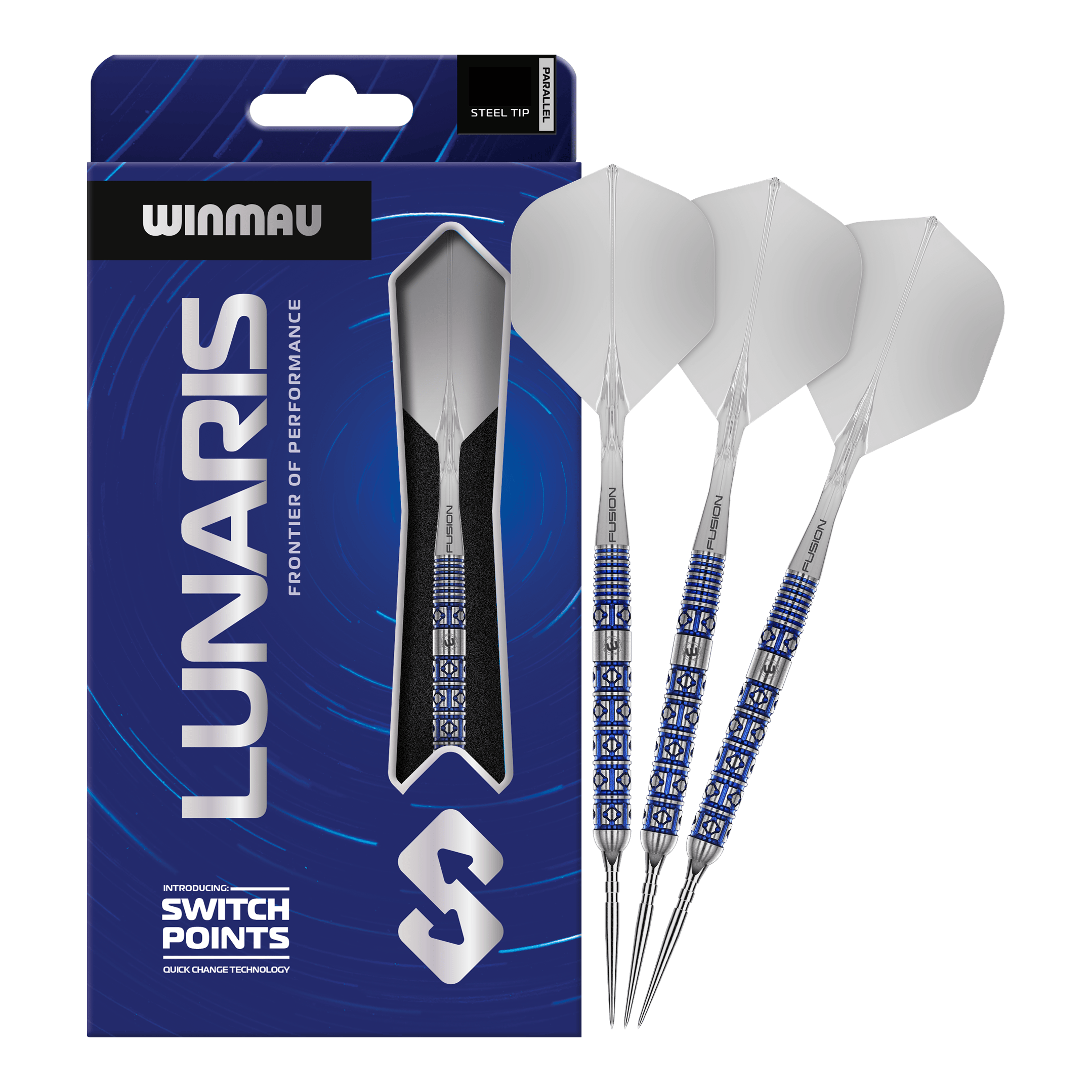 Zu sehen sind die Winmau Lunaris Parallel Switch Point Steeldarts in voller Länge. Das Produkt wird frontal gezeigt.
