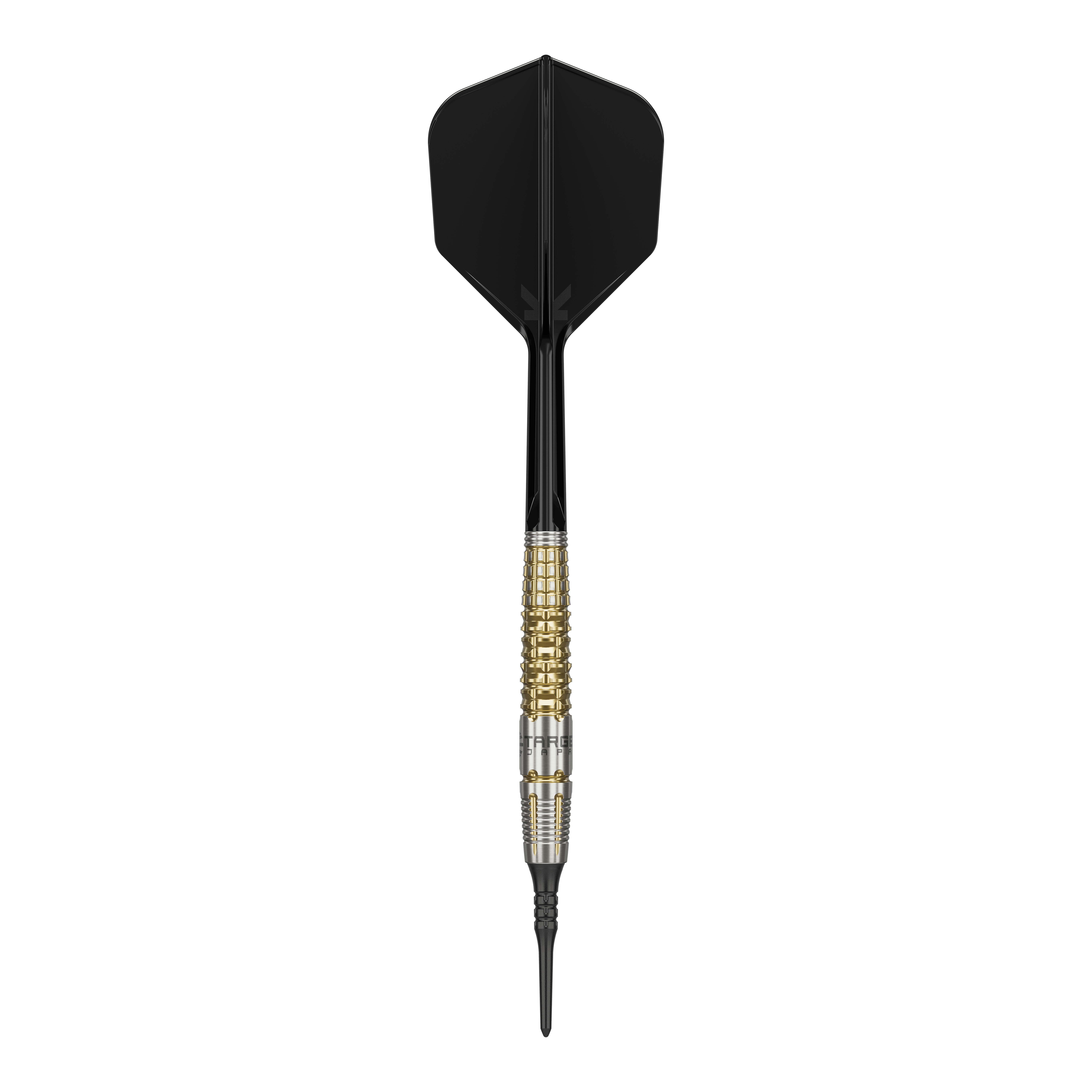 Das Bild zeigt einen Target Japan Black Marque Warrior Softdart mit einem Gewicht von 18,5g. Der Dart hat eine schwarze Spitze und Flügel sowie einen gold-silbernen Griffbereich.
