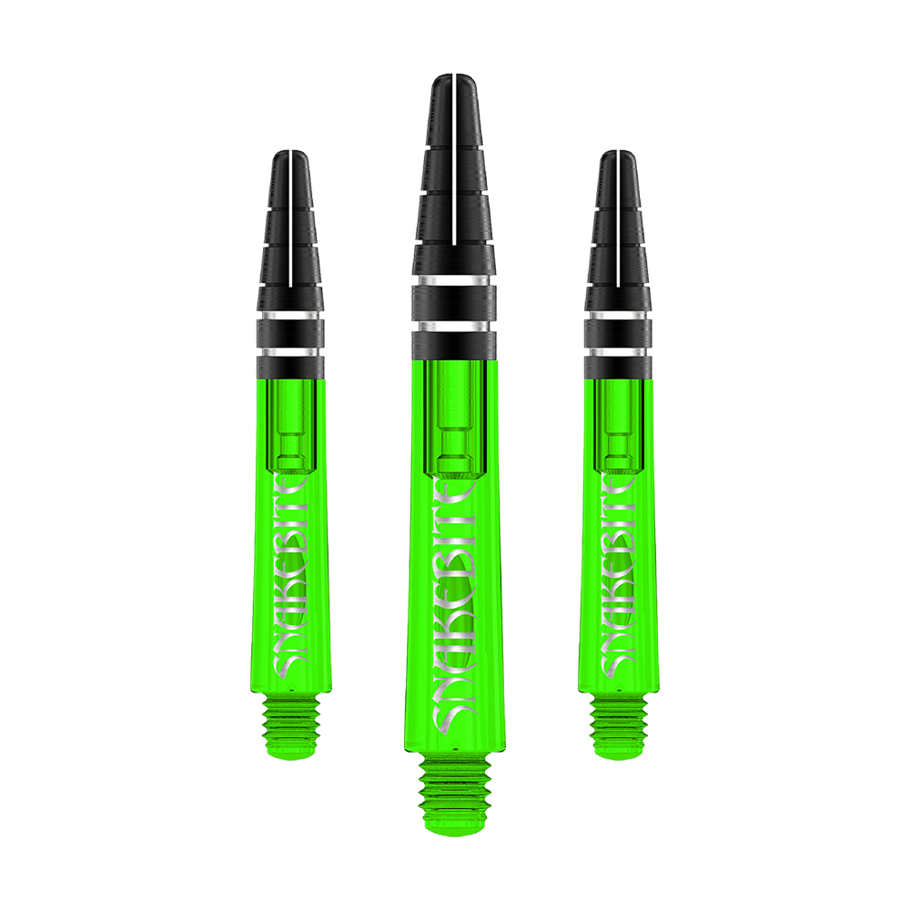 C644_Red_Dragon_Nitrotech_Peter_Wright_Green_Shafts_36mm_1 Das Bild zeigt drei grüne Dartschäfte der Marke Red Dragon Nitrotech Peter Wright. Auf den Schäften steht in weißer Schrift das Wort "Snakebite".