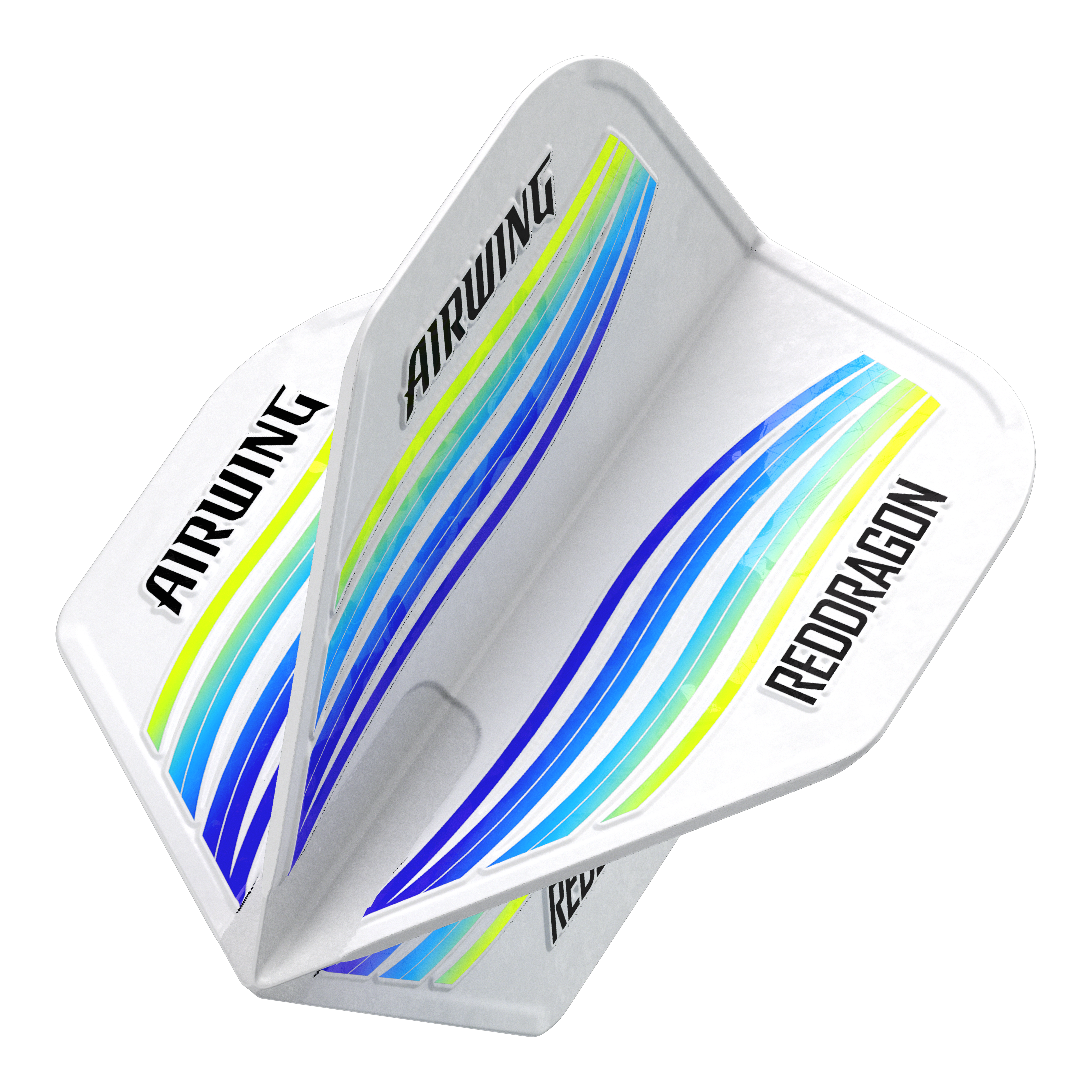 Standardowe loty Red Dragon Airwing Blue Wave Das Bild zeigt die Red Dragon Airwing Blue Wave Standard Flights. Die Flights sind weiß mit blauen, gelben und grünen Wellenlinien und haben die Aufschriften "AIRWING" und "RED DRAGON".