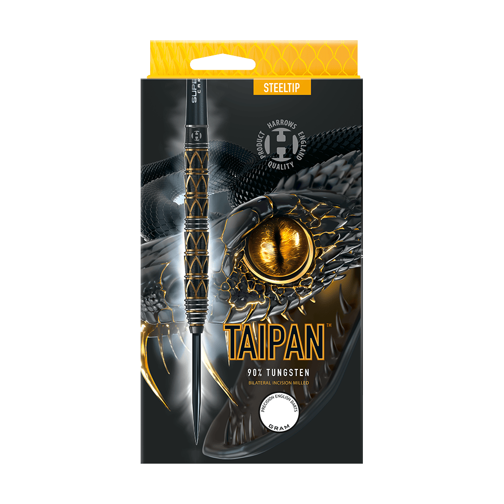 HA29044_Harrows_Taipan_Steeldarts_3 Die Verpackung zeigt die Harrows Taipan Steeldarts mit einem auffälligen Schlangendesign. Auf der Vorderseite stehen Informationen wie „90% Tungsten“ und „Steeltip“.