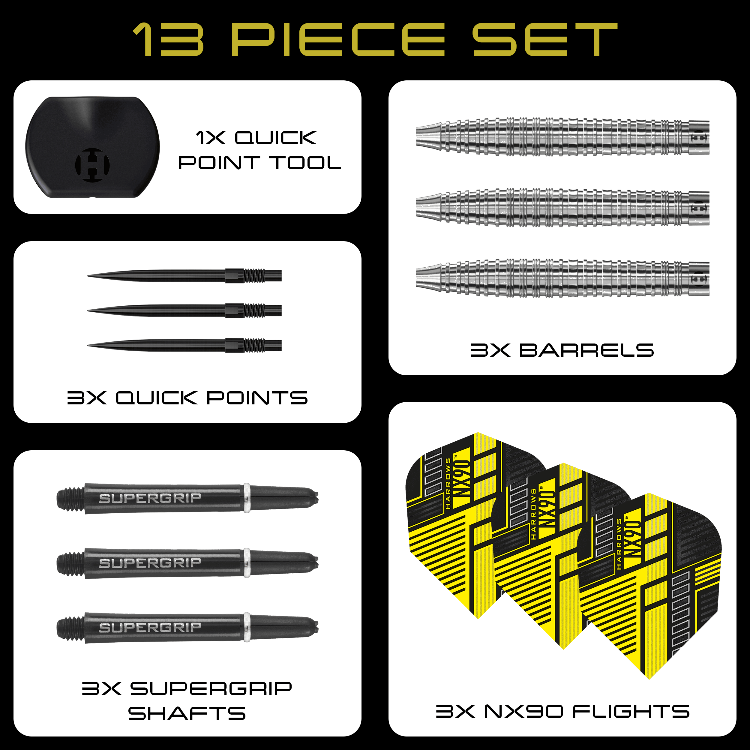Hier sieht man die Harrows NX90 Tapered Quick Point Steeldarts. Sie sind robust gebaut und bieten professionelle Leistung für Dartspieler.