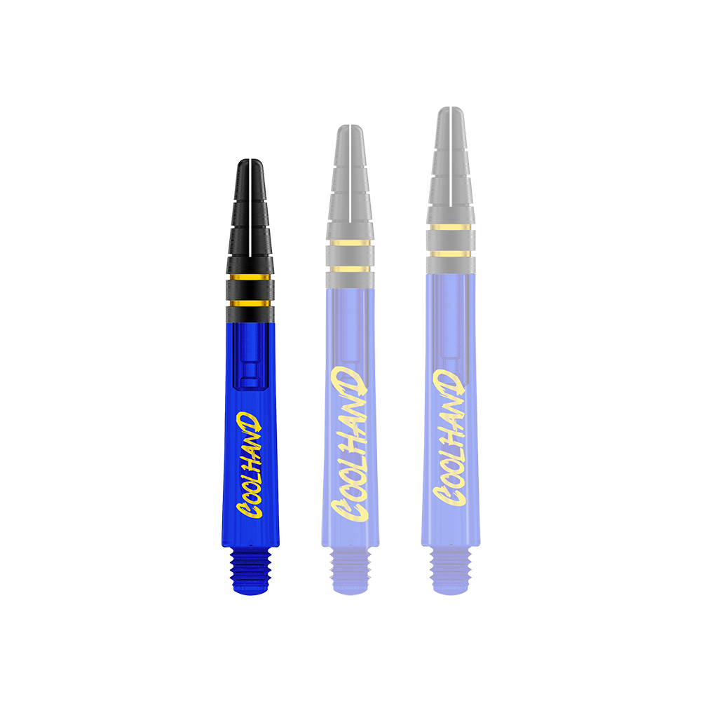 Red Dragon Nitrotech Luke Humphries Coolhand Shafts - Niebieski Auf dem Bild sind drei blaue Dartschäfte mit gelbem Schriftzug "COOLHAND" zu sehen. Oben haben sie schwarze Rillen mit goldenen Ringen.