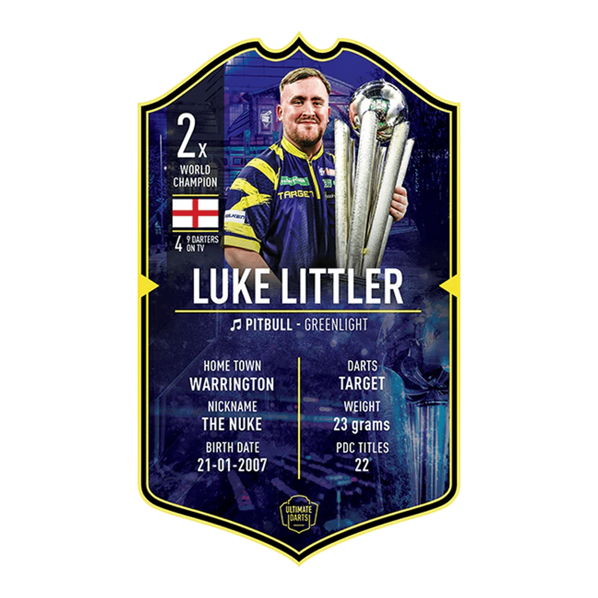 Karta Ultimate Darts – Luke Littler, Mistrz Świata 2026 Dies ist die Ultimate Darts Card – Luke Littler World Champion 2026. Zu sehen ist die Sammelkarte von Luke Littler als Weltmeister.