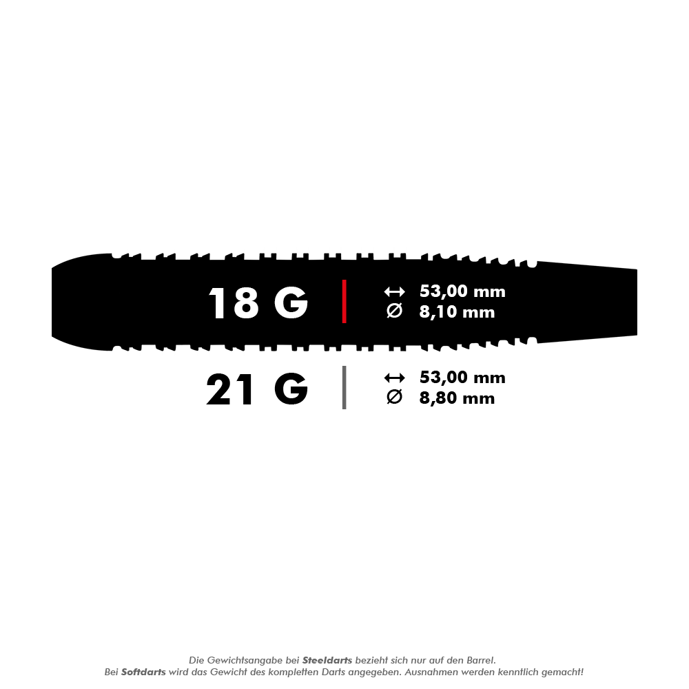 HA24476_Harrows_Dave_Chisnall_Chizzy_Brass_Softdarts_5_18gmagNfNcup03Od Das Bild zeigt die Maße und Gewichte der Harrows Dave Chisnall Chizzy Brass Softdarts. Es gibt zwei Varianten: 18 Gramm (53,00 mm lang, 8,10 mm Durchmesser) und 21 Gramm (53,00 mm lang, 8,80 mm Durchmesser).
