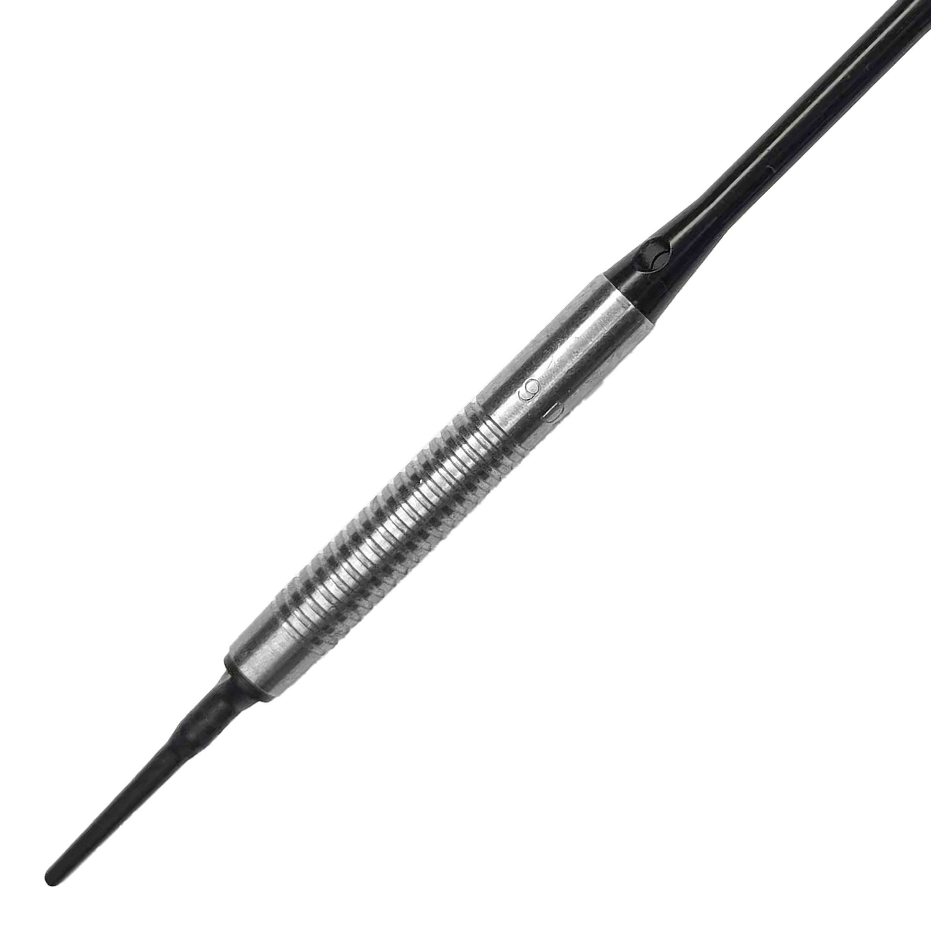 Lotki miękkie McDart 85 Tungsten V21 - 18,5 g Das Bild zeigt einen McDart 85er Tungsten V21 Softdart mit einem Gewicht von 18,5g. Der Dartpfeil hat eine silberne, gerillte Griffzone und eine schwarze Spitze.