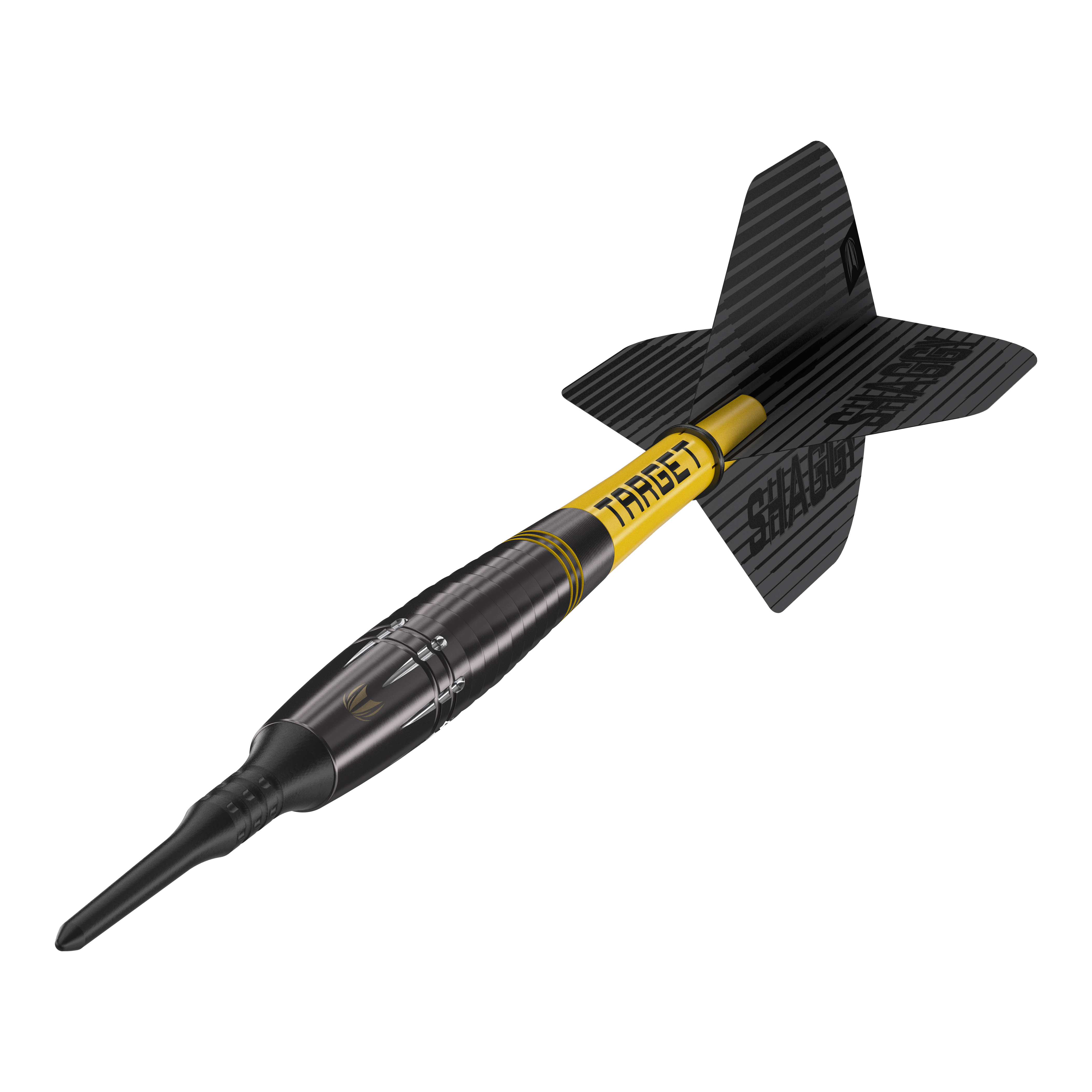 Lotki Target Scott Williams Shaggy Black Soft Darts - 20g Das Bild zeigt einen schwarzen Softdart mit gelbem Schriftzug „TARGET“ und der Aufschrift „SHAGGY“ auf der Flight. Es handelt sich um das Produkt „Target Scott Williams Shaggy Black Softdarts – 20g“.