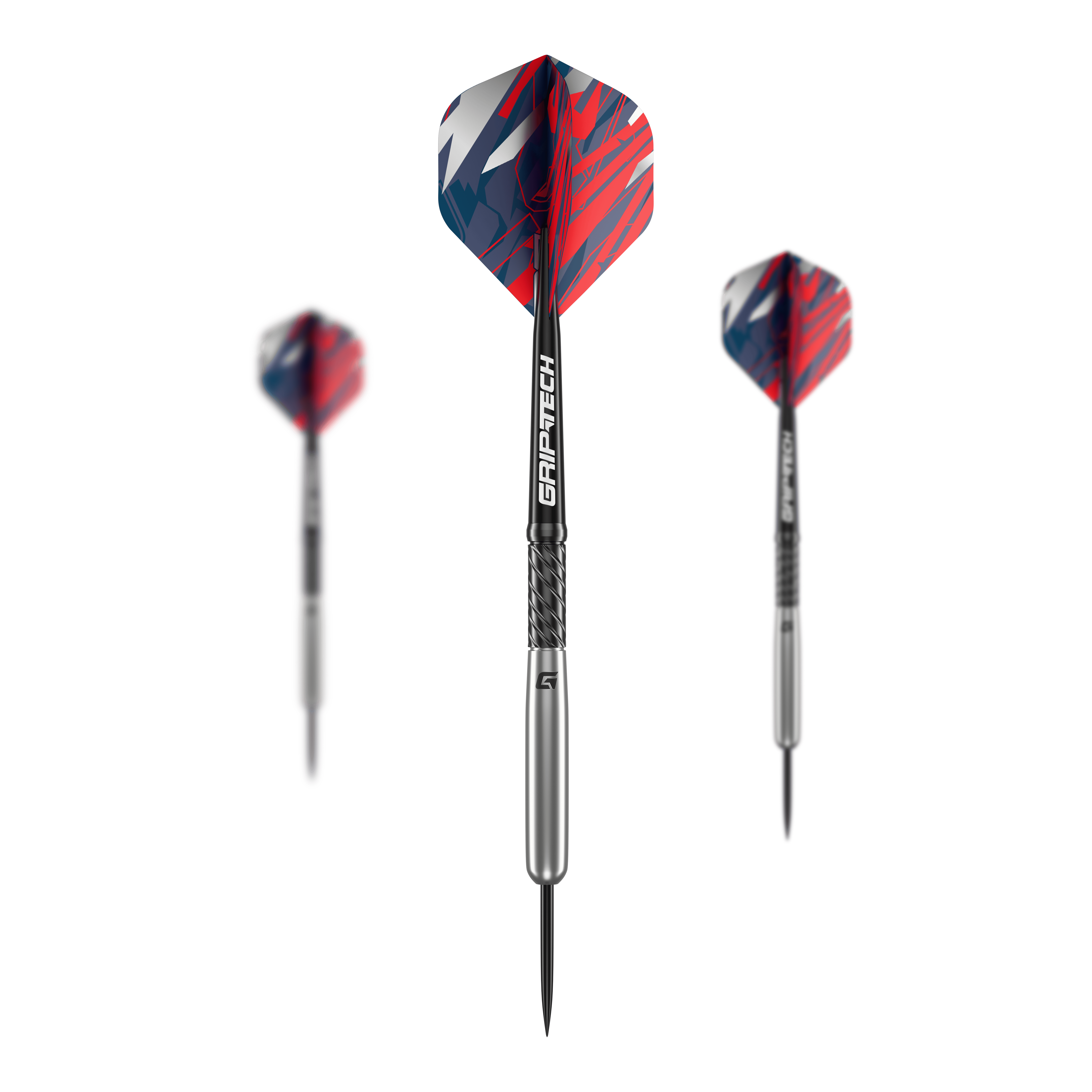 Lotki baseballowe GOAT Homerun ze stali wolframowej Das Bild zeigt drei GOAT Homerun Baseball Tungsten Steeldarts mit silbernem Schaft und bunten, rot-blauen Flights. Die Darts sind modern gestaltet und heben sich durch das auffällige Design ab.