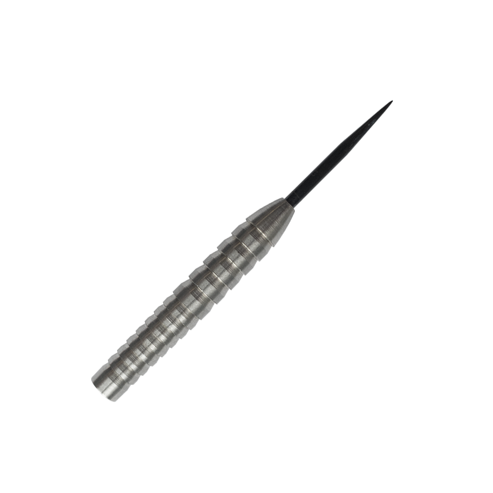 Das Bild zeigt einen McDart Shark 2 Tungsten Steeldart Barrel mit einem Gewicht von 21g. Der Dart hat eine silberne, gerillte Oberfläche und eine schwarze Spitze.