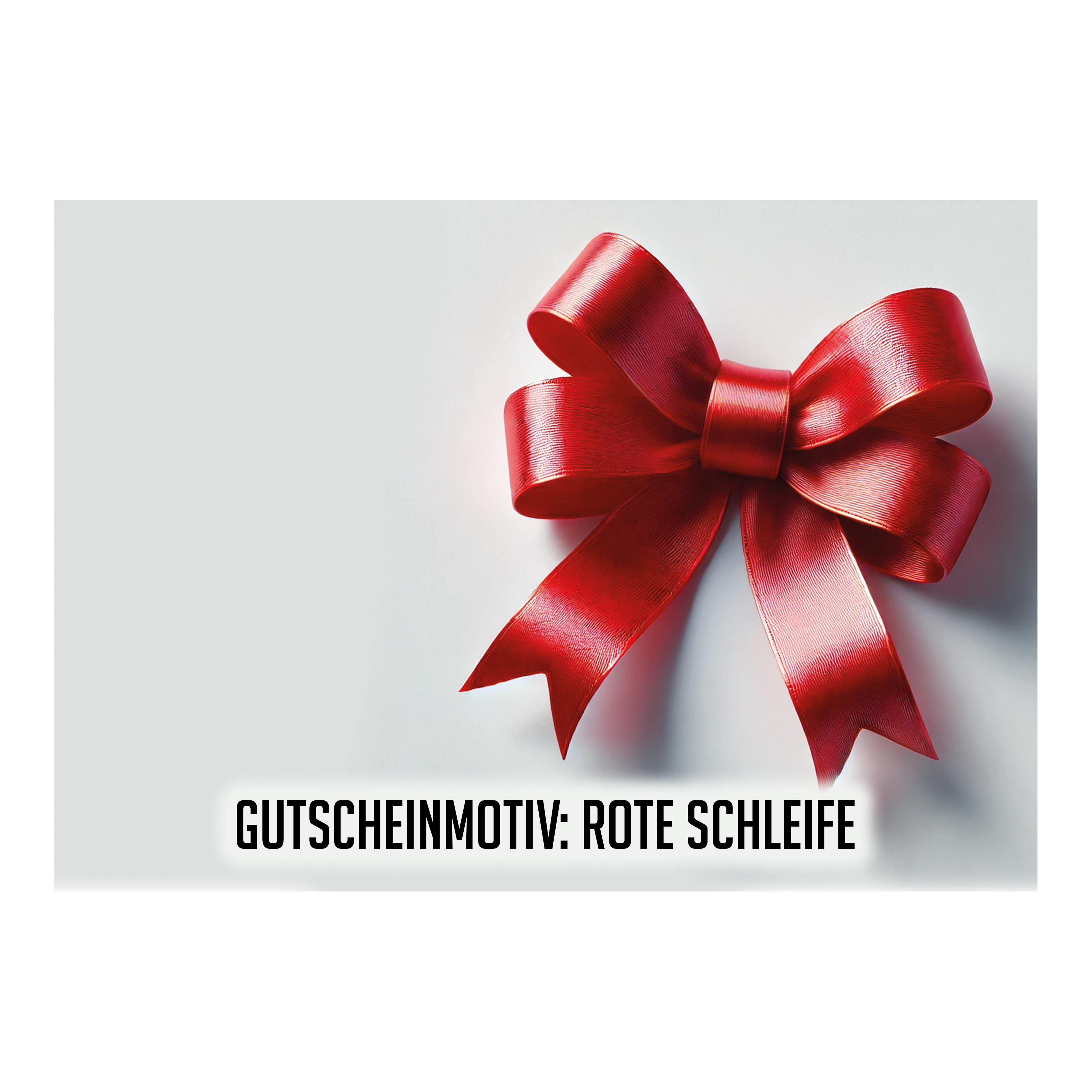 Voucher - Czerwona wstążka Das Bild zeigt eine große, glänzende rote Schleife auf einem hellen Hintergrund. Unten steht der Text: "GUTSCHEINMOTIV: ROTE SCHLEIFE".